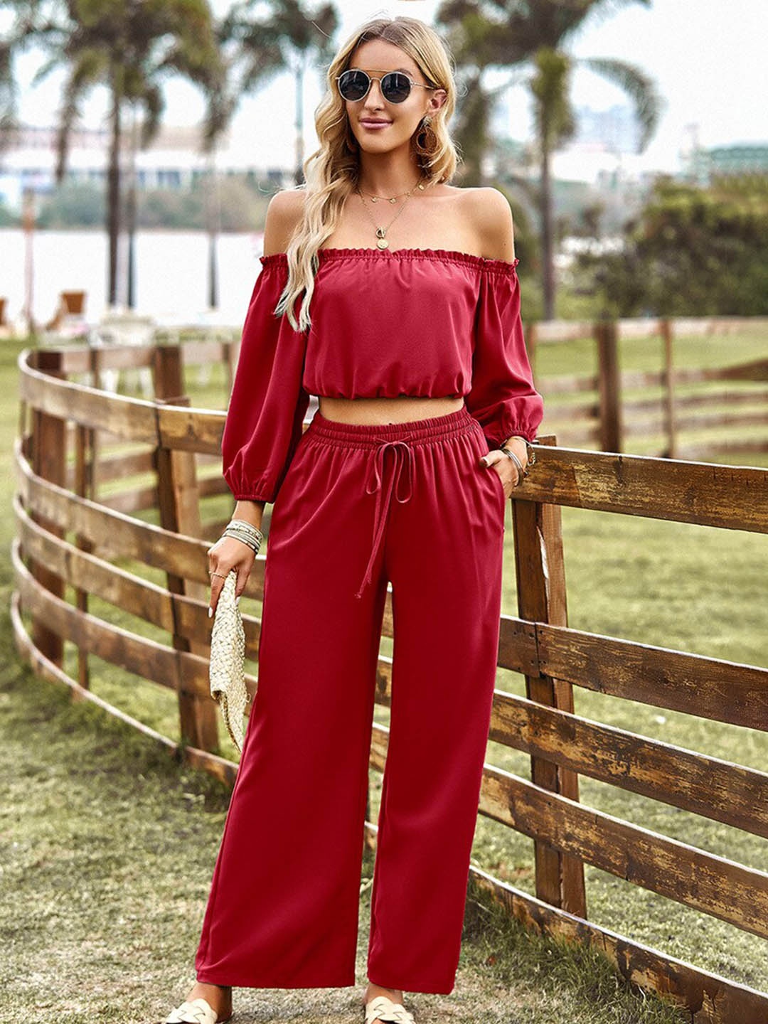 

StyleCast Red Off-Shoulder Cropped Top With Trosuers