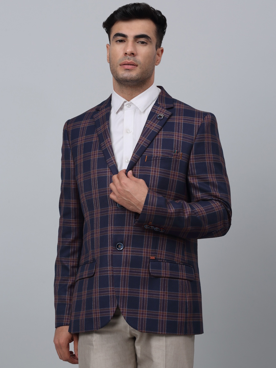 

Cantabil Checked Single-Breasted Formal Blazer, Navy blue