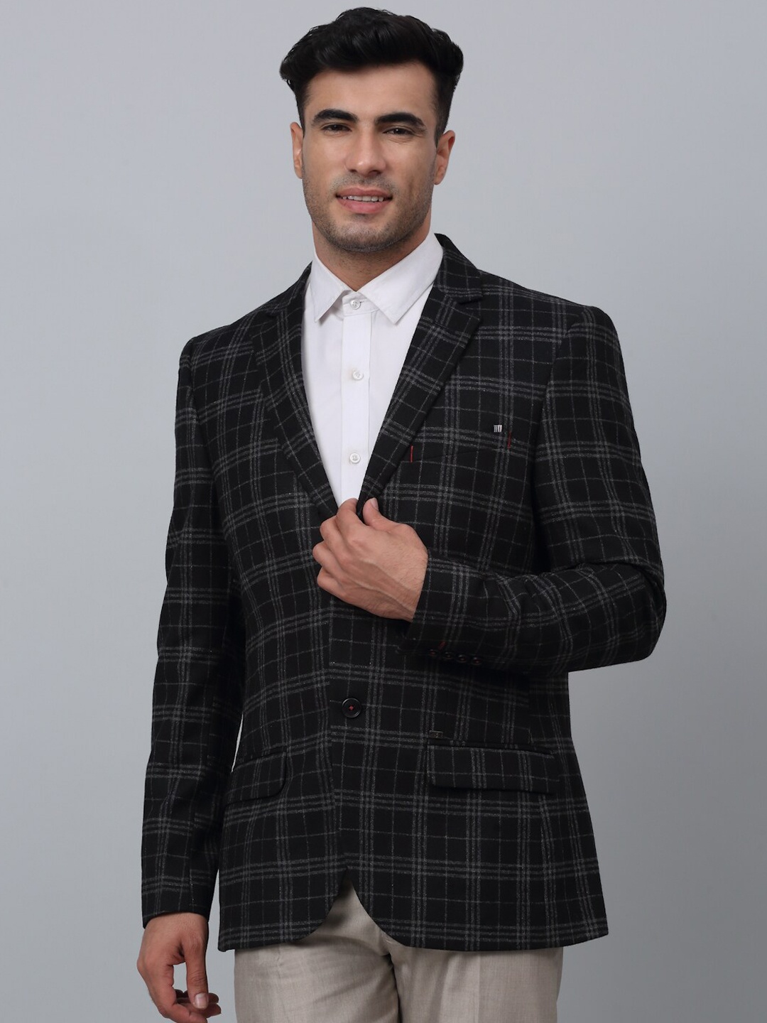 

Cantabil Checked Notched Lapel Collar Single-Breasted Formal Blazer, Black