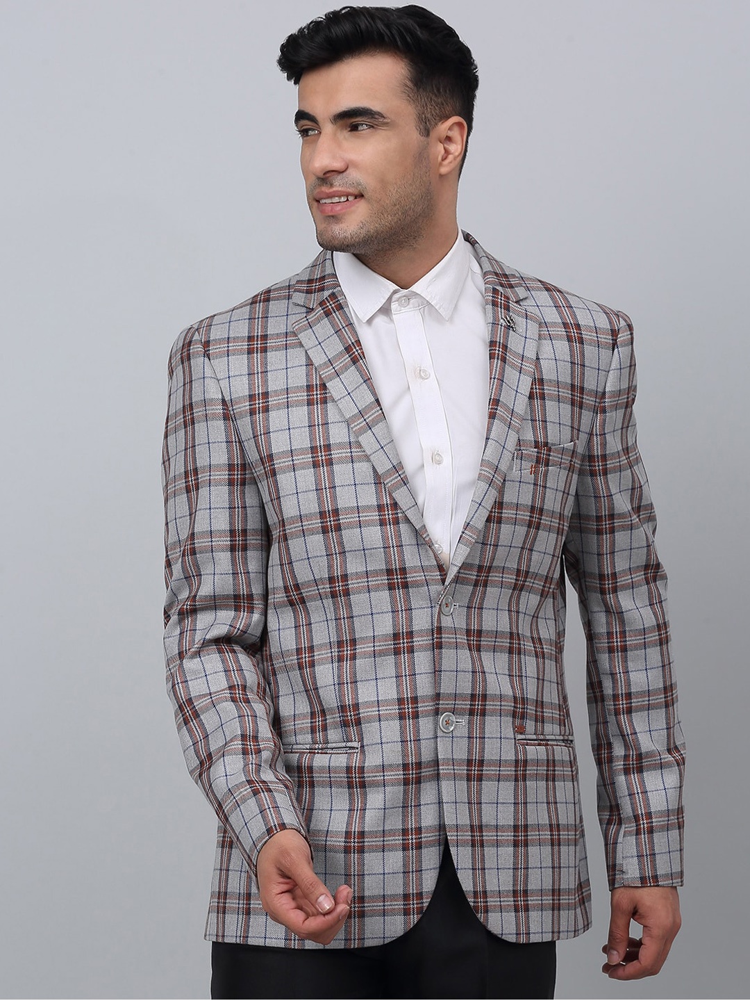 

Cantabil Checked Notched Lapel Single Breasted Formal Blazer, Grey