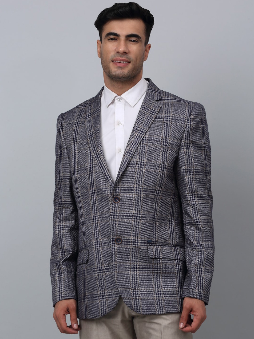 

Cantabil Checked Single-Breasted Formal Blazer, Navy blue