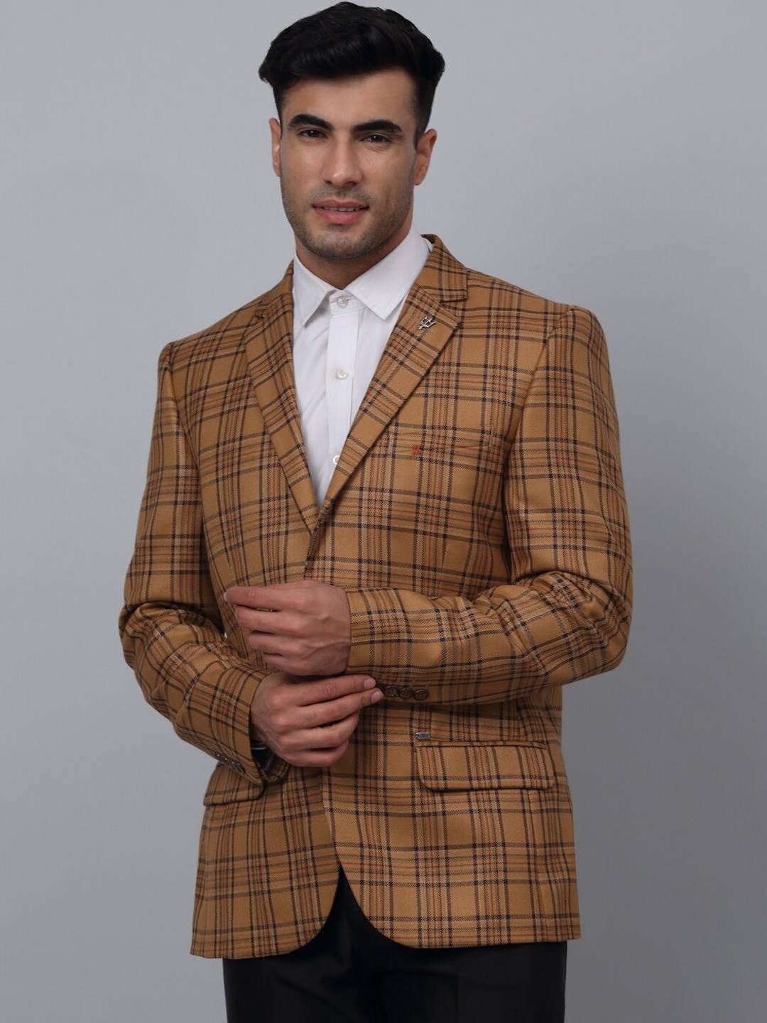 

Cantabil Checked Notched Lapel Single Breasted Formal Blazer, Brown