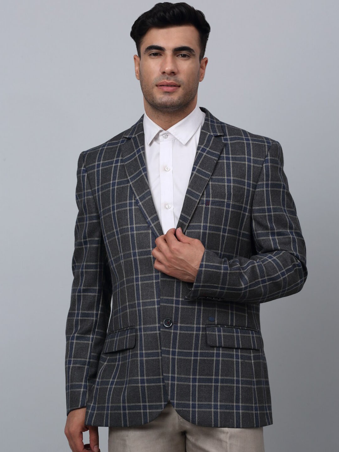 

Cantabil Checked Single-Breasted Formal Blazer, Grey