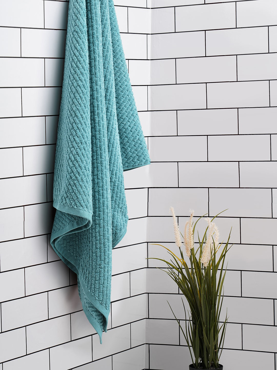 

SPACES Blue Textured 400 GSM Pure Cotton Super Absorbent Bath Towel
