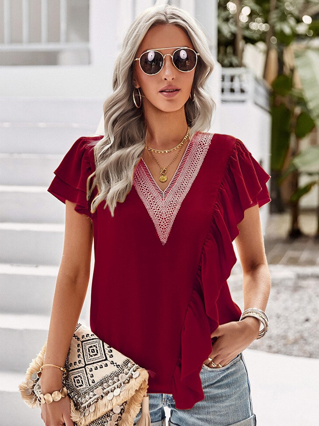 

StyleCast Burgundy Flutter Sleeves Ruffled Detail Top