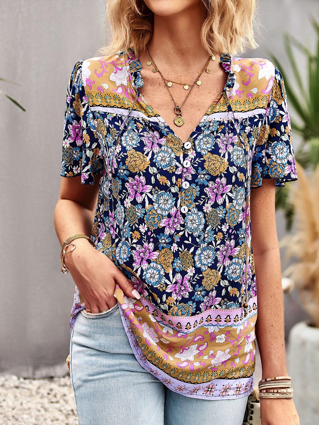 

StyleCast Navy Blue & Purple Floral Printed Flared Sleeve Ruffles Top