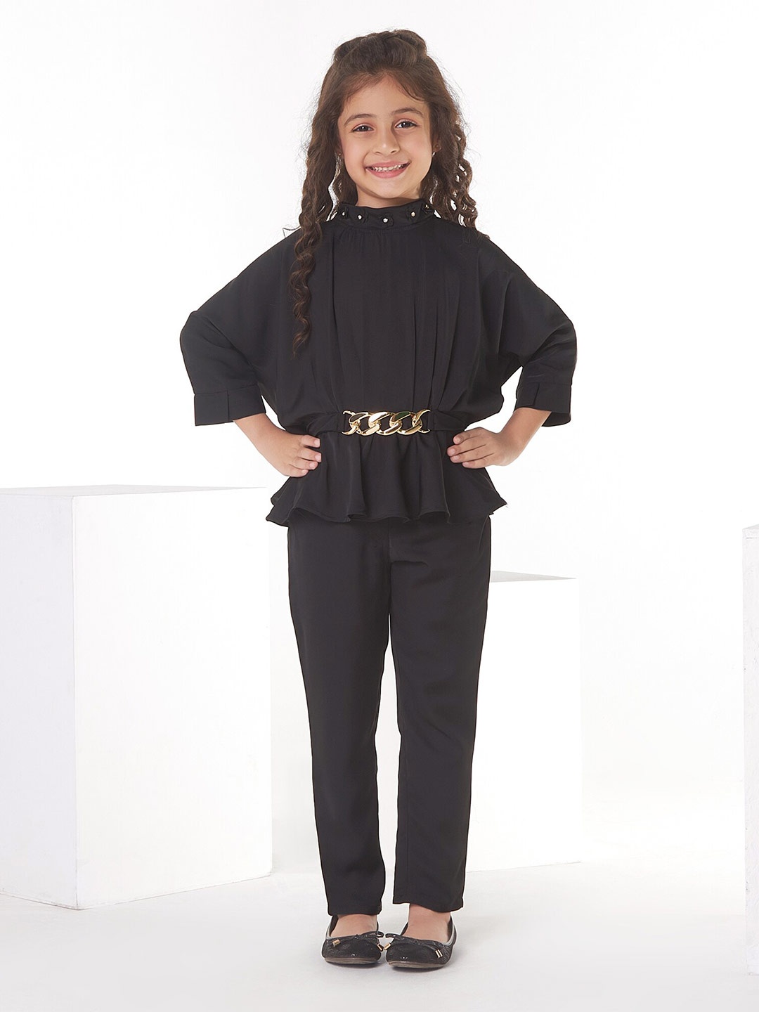 

Ministitch Girls High Neck Georgette Top With Trousers, Black