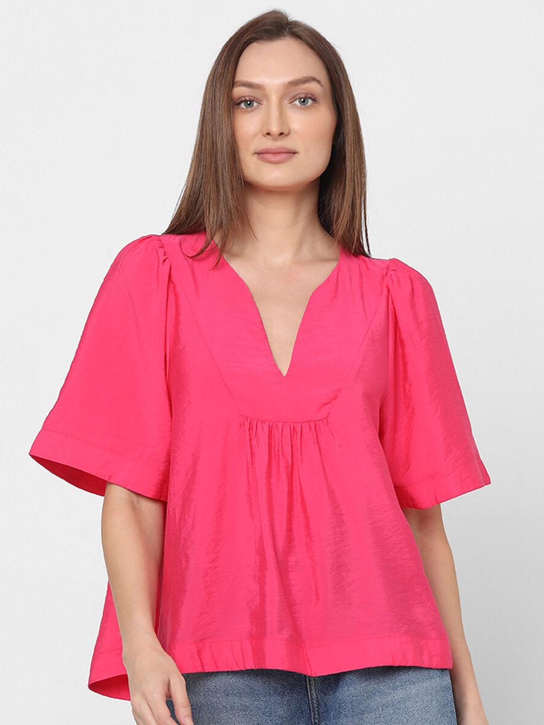 

Vero Moda V- Neck Pleated Flared Sleeves A- Line Top, Pink