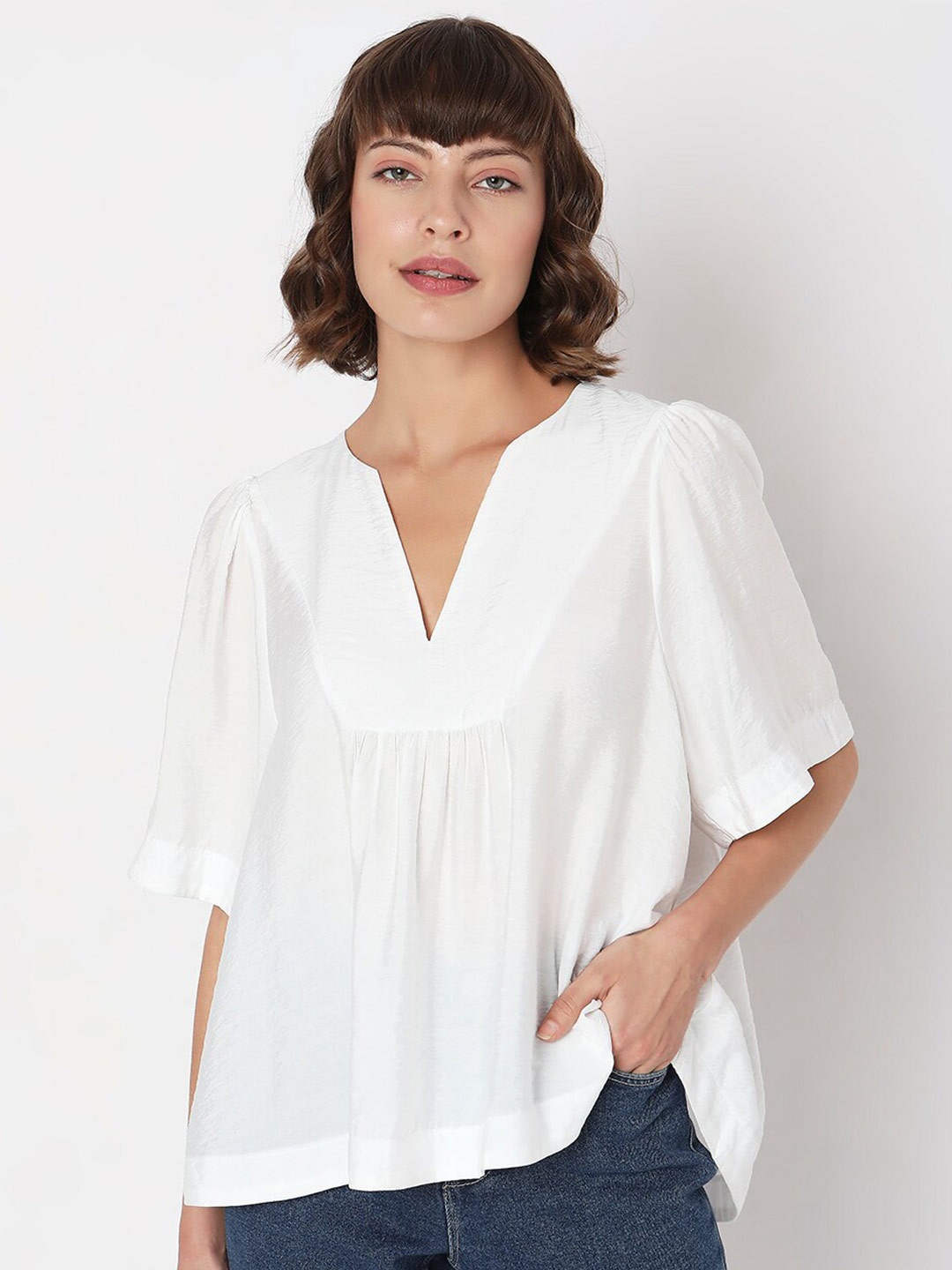 

Vero Moda V- Neck Pleated Flared Sleeves A- Line Top, White