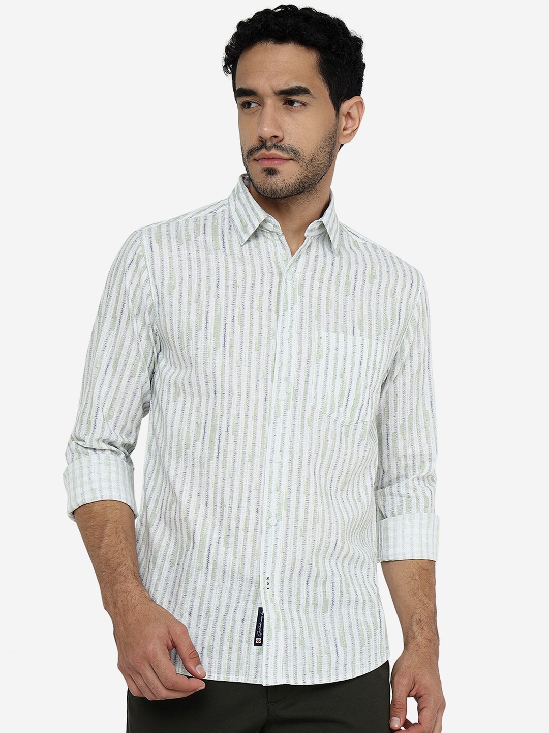 

Greenfibre Vertical Striped Slim Fit Pure Cotton Shirt, Green