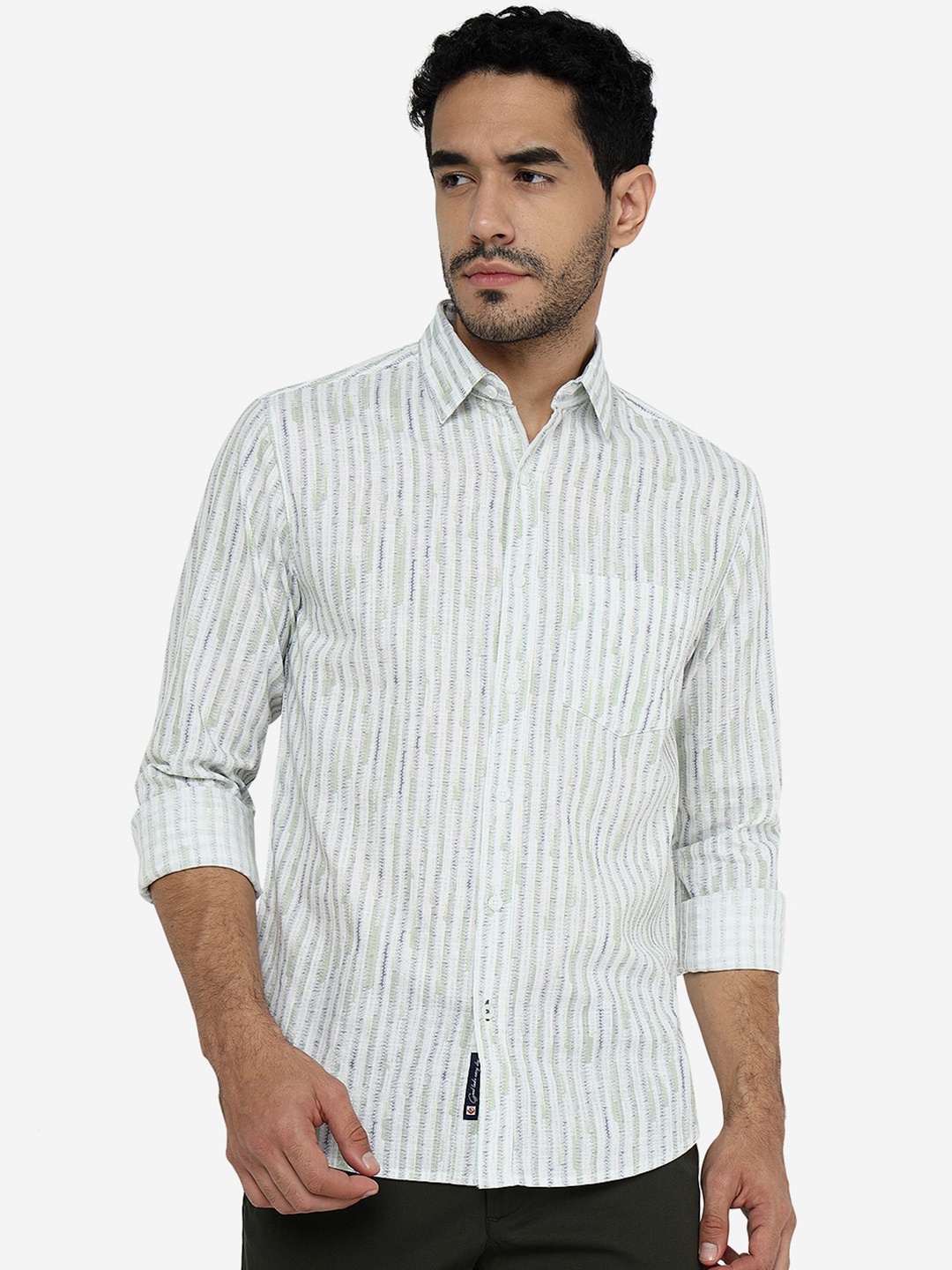 

Greenfibre Slim Fit Vertical Striped Pure Cotton Shirt, Green