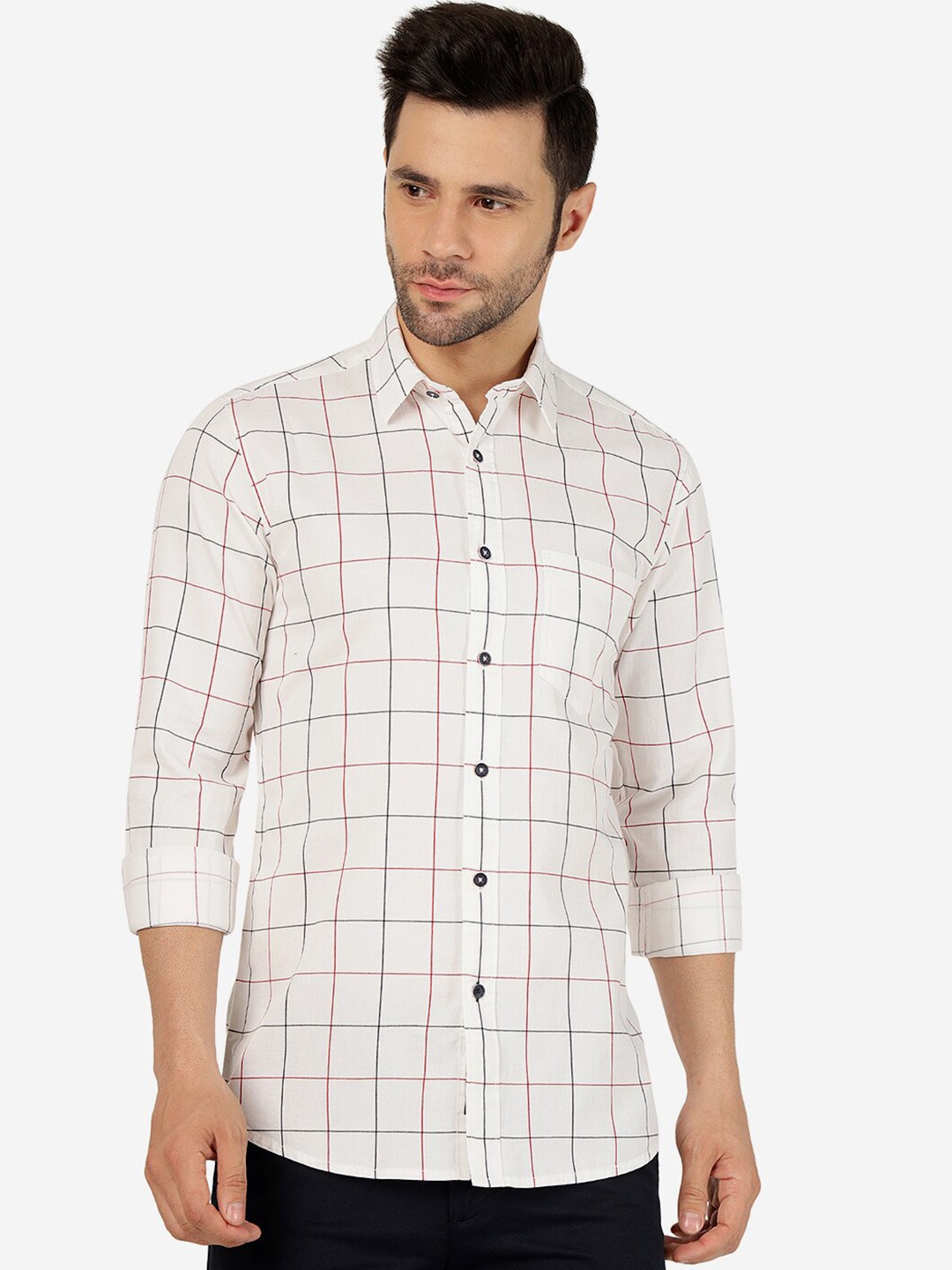 

JADE BLUE Slim Fit Windowpane Checked Pure Cotton Casual Shirt, White