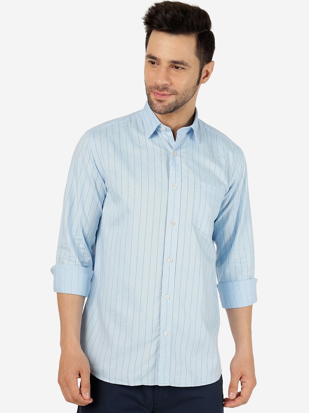 

JADE BLUE Slim Fit Striped Spread Collar Pure Cotton Casual Shirt