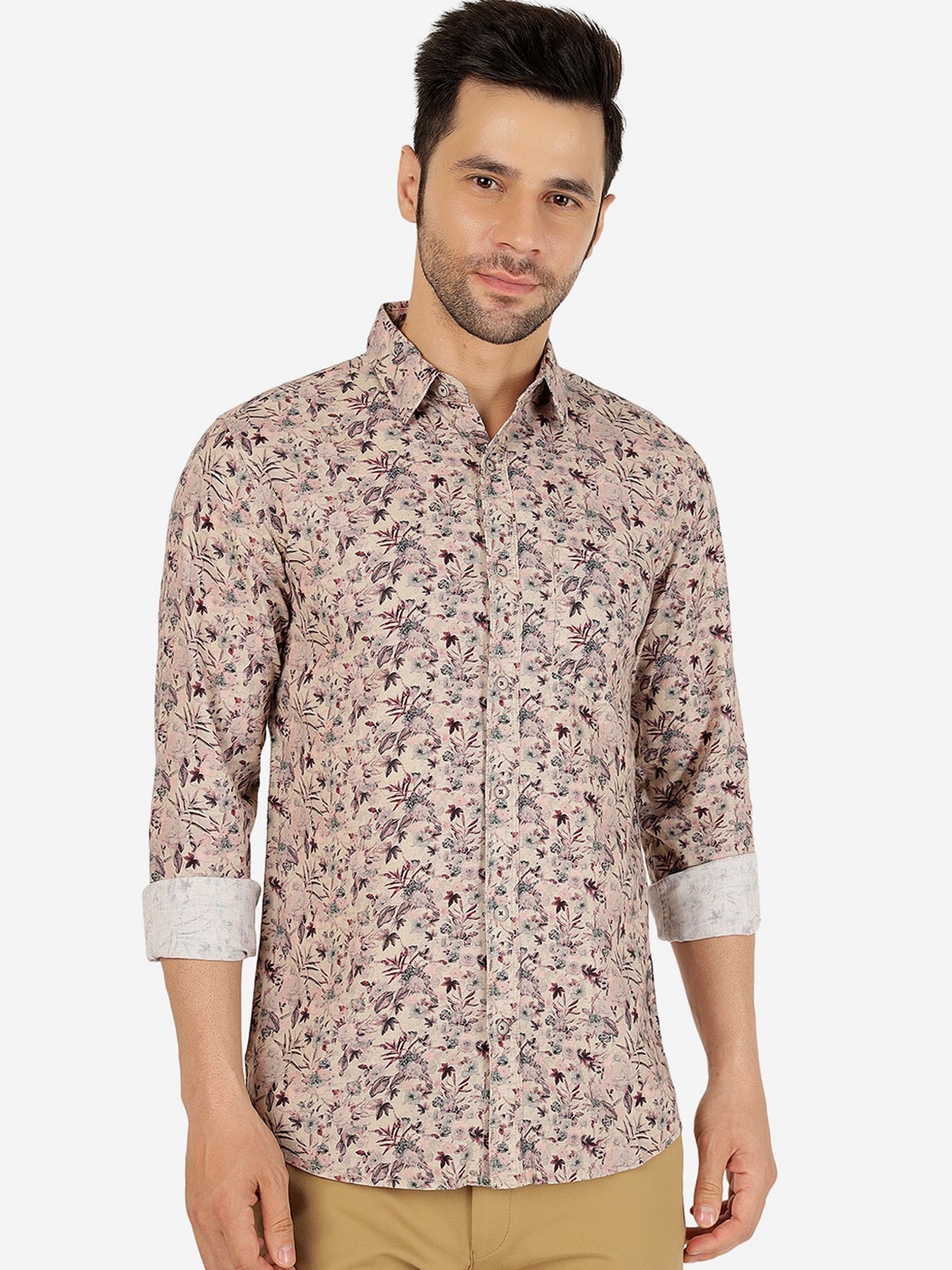 

JADE BLUE Slim Fit Floral Printed Pure Cotton Casual Shirt, Beige