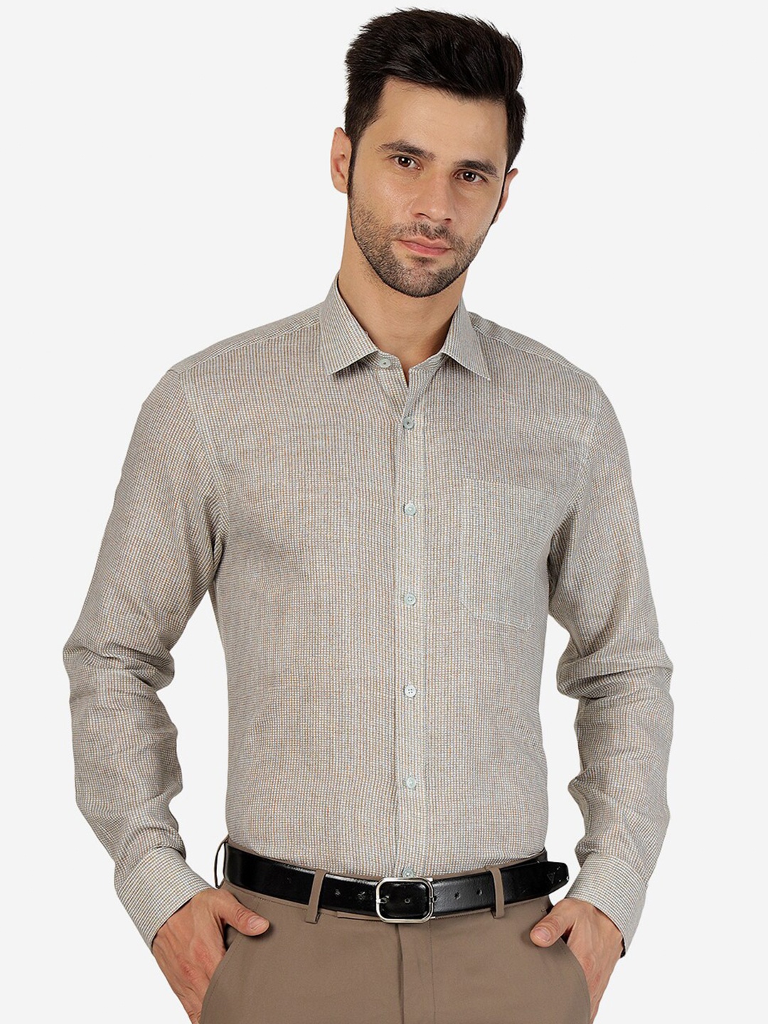 

JADE BLUE Micro Ditsy Printed Spread Collar Linen Casual Shirt, Grey