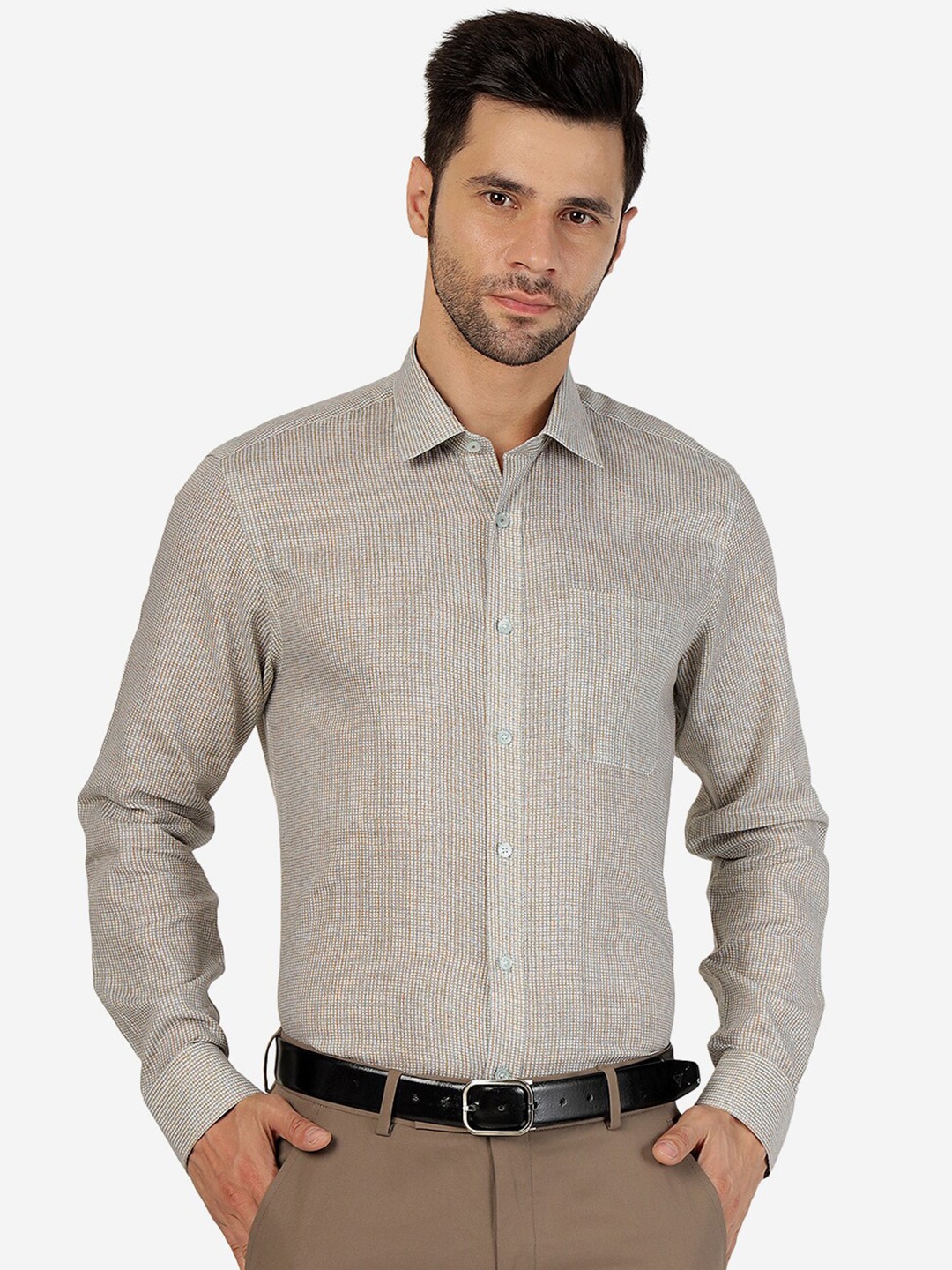 

JADE BLUE Textured Regular Fit Pure Linen Formal Shirt, Brown