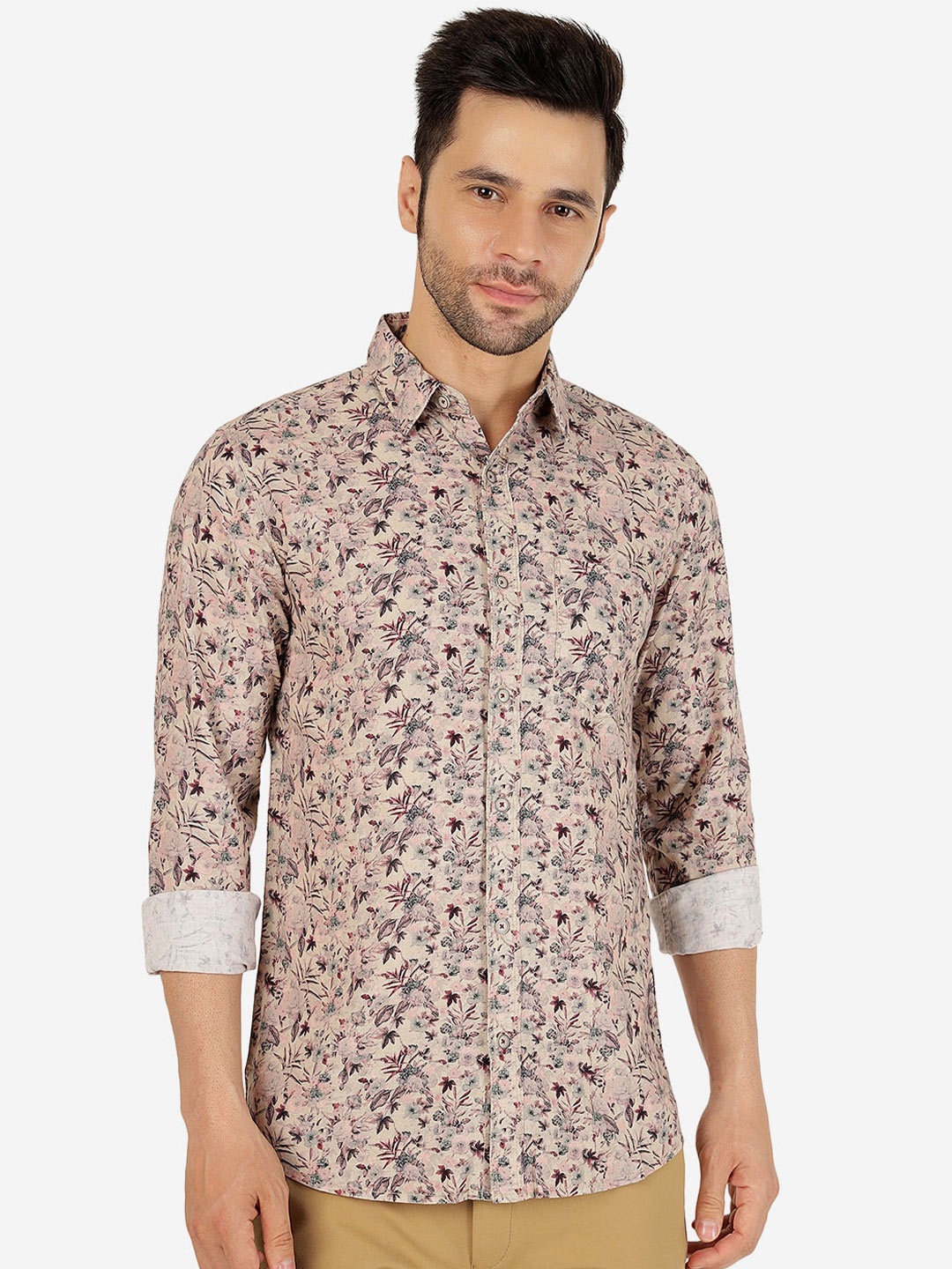 

JADE BLUE Slim Fit Floral Printed Spread Collar Pure Cotton Casual Shirt, Beige