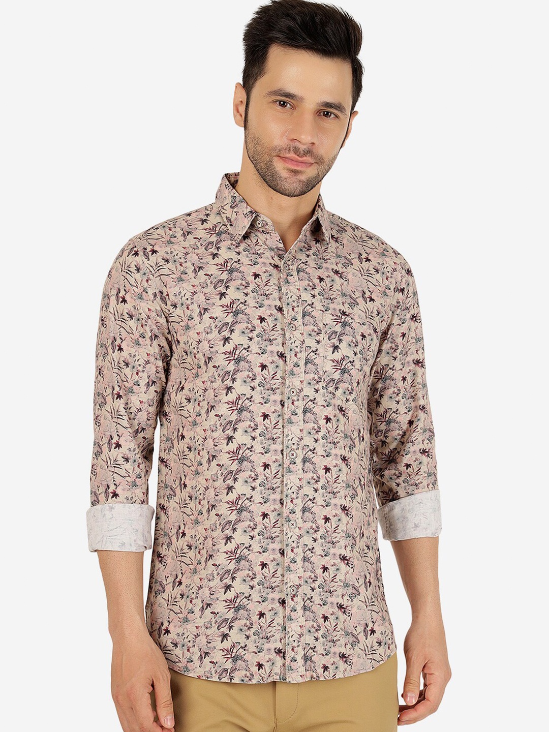 

JADE BLUE Slim Fit Floral Printed Pure Cotton Shirt, Beige