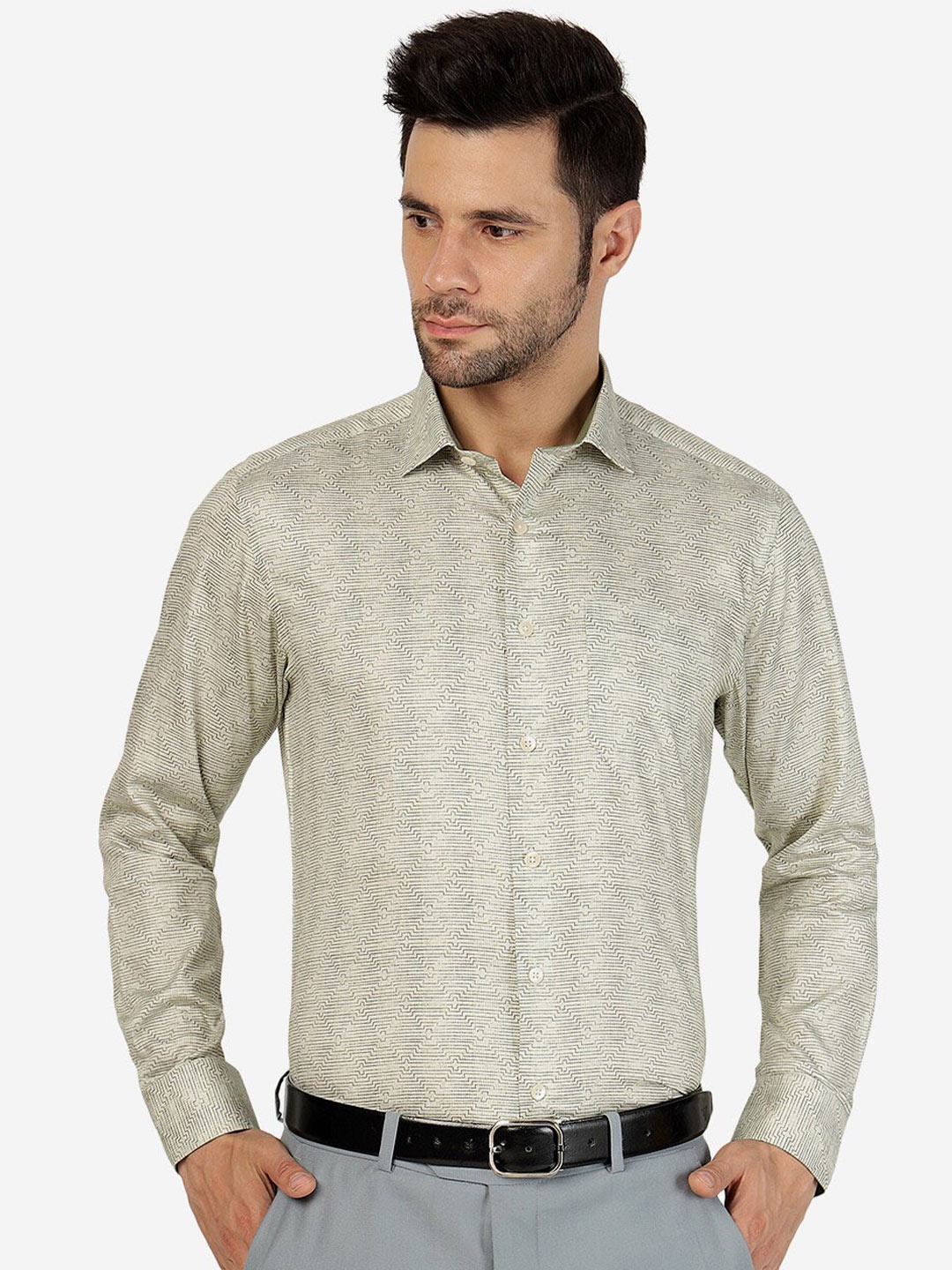 

METAL Slim Fit Geometric Printed Pure Cotton Formal Shirt, Green