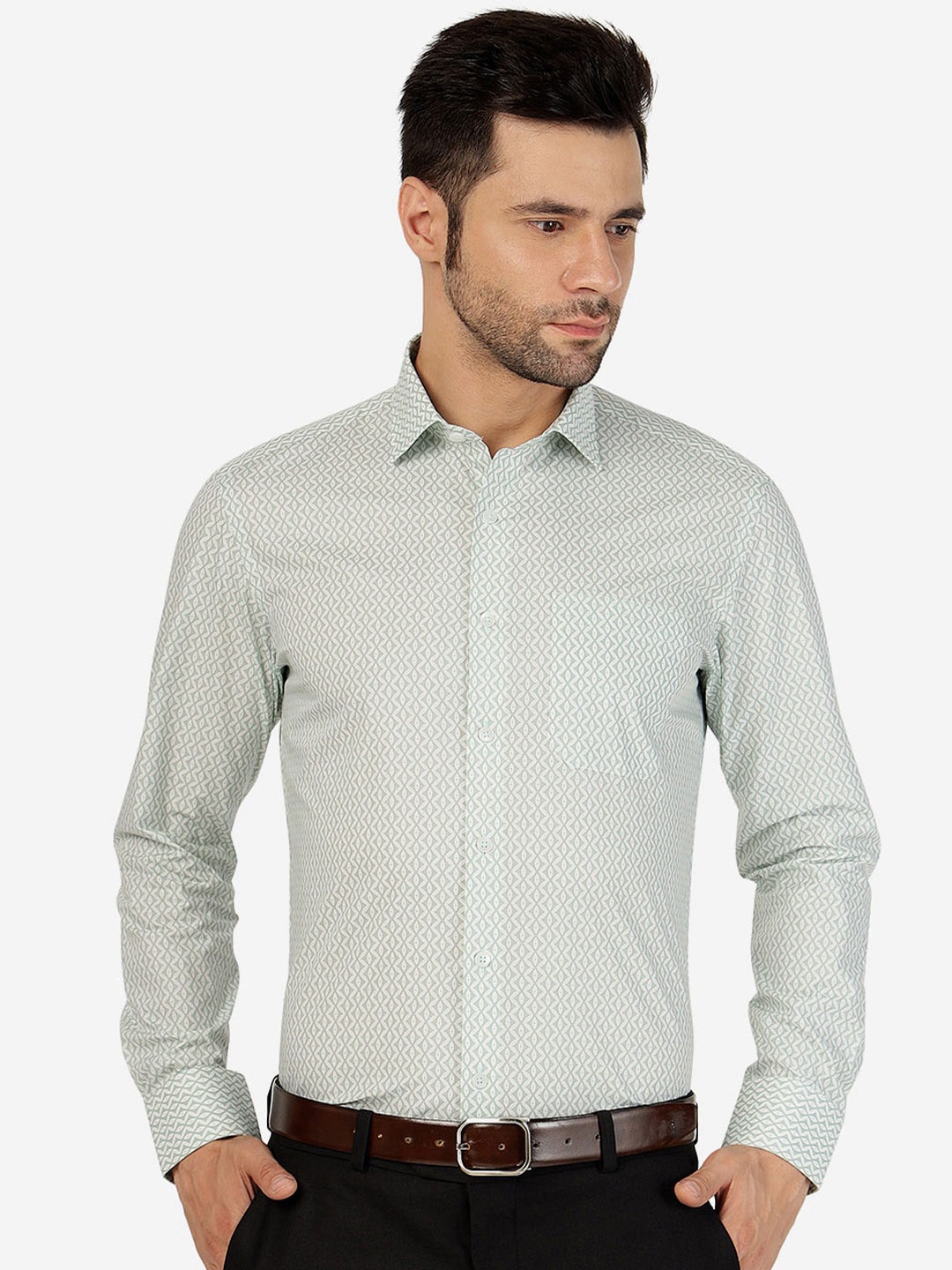 

METAL Slim Fit Printed Pure Cotton Shirt, Green