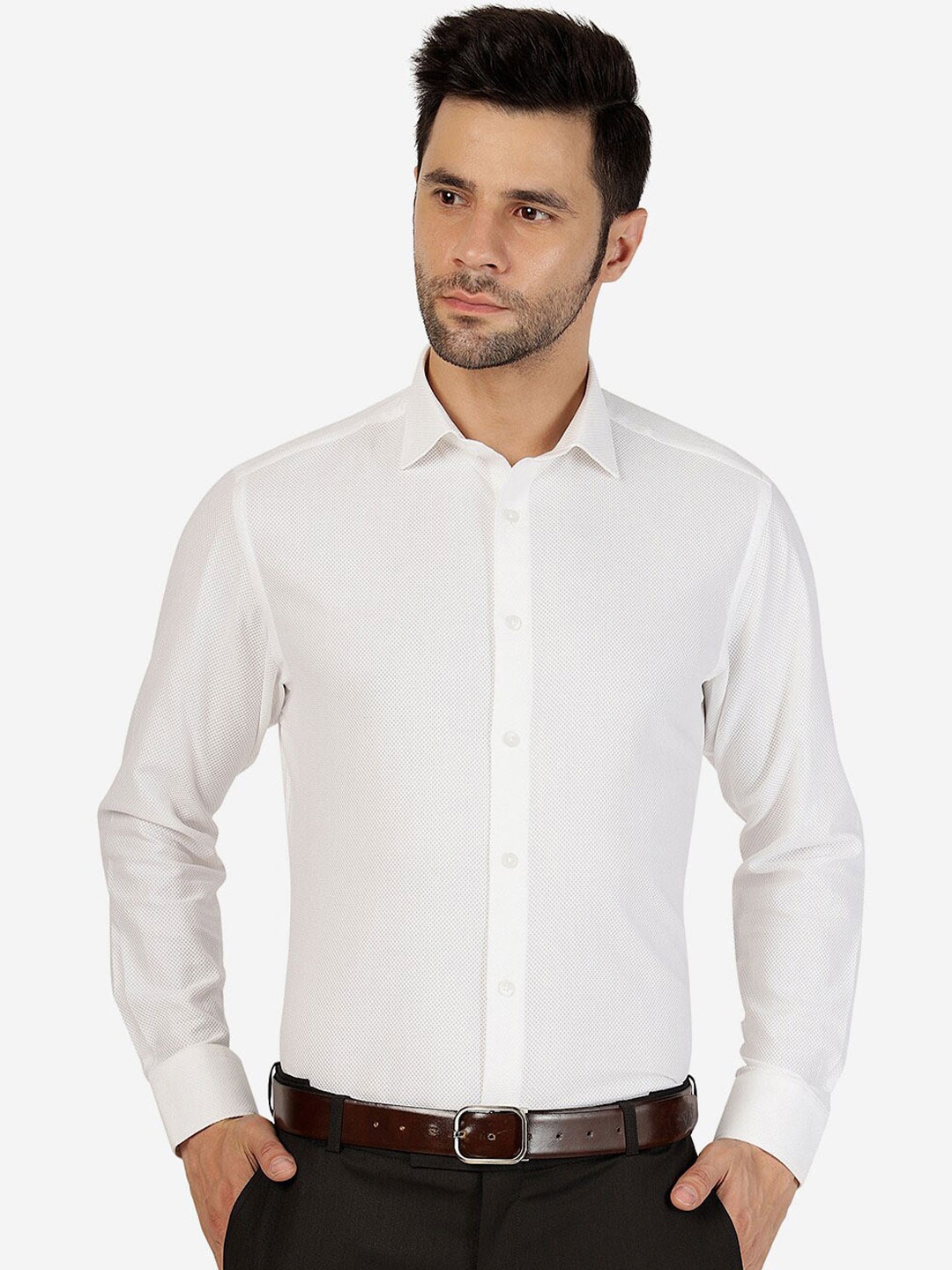 

METAL Spread Collar Slim Fit Pure Cotton Shirt, White
