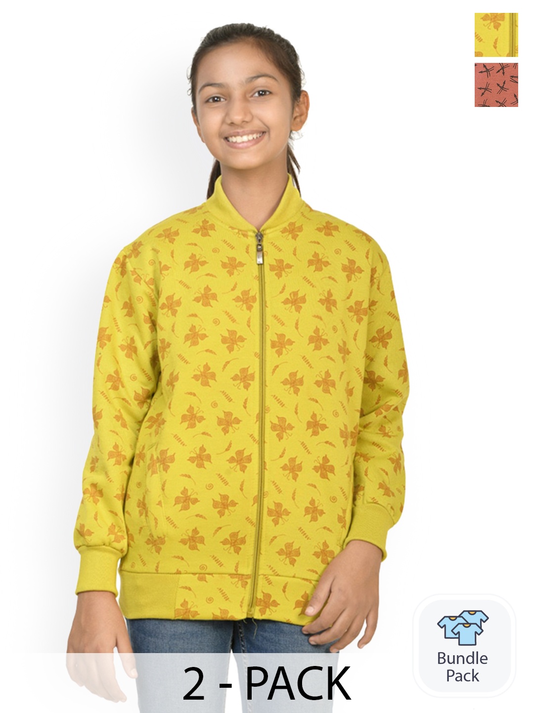 

BAESD Girls Pack Of 2 Printed Stand Collar Fleece Lightweight Bomber Jacket, Yellow