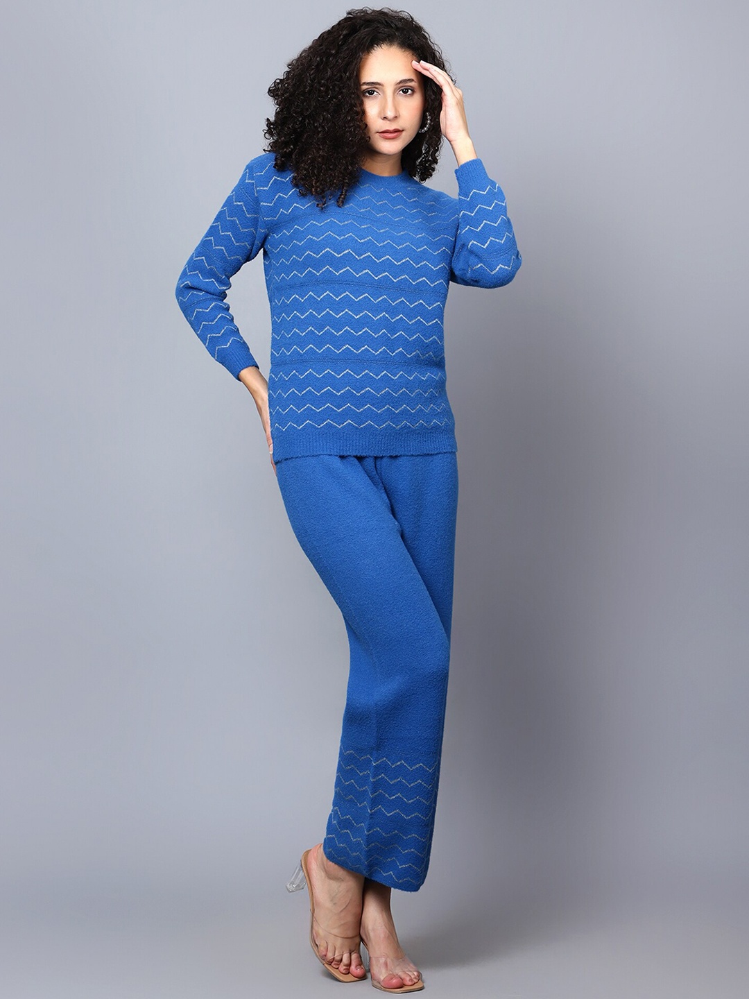 

Chemistry Geometric Self Design Round Neck Sweater & Trousers, Blue