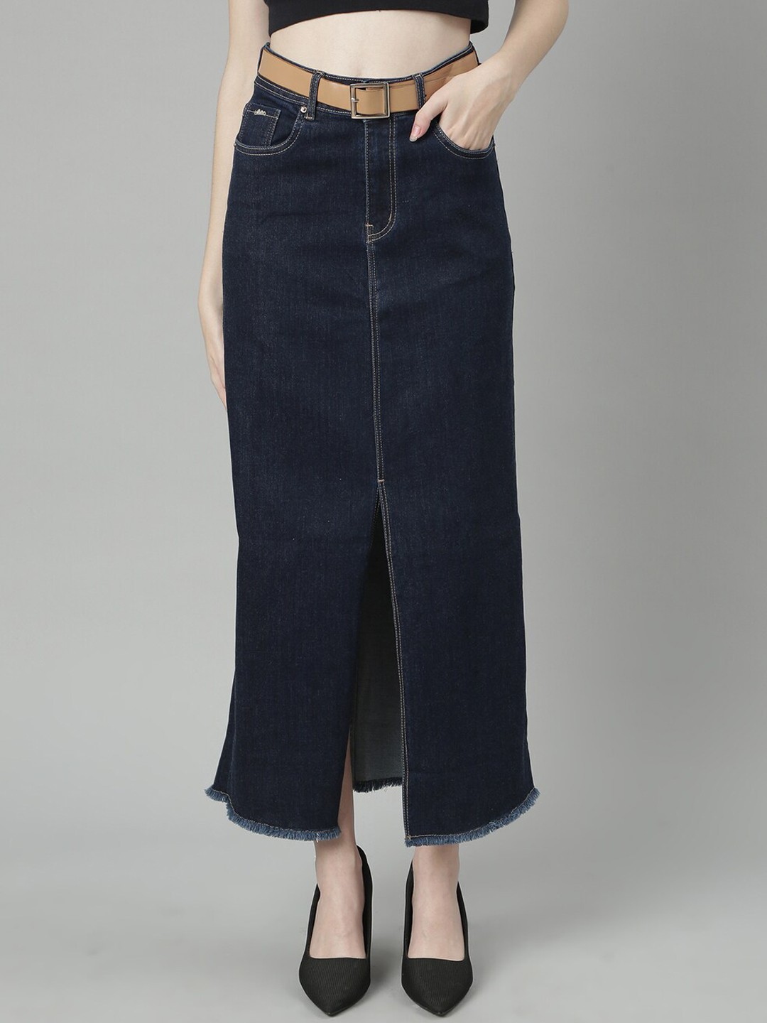 

SHOWOFF Front-Slit Fringed Hem Denim A-Line Skirt, Navy blue