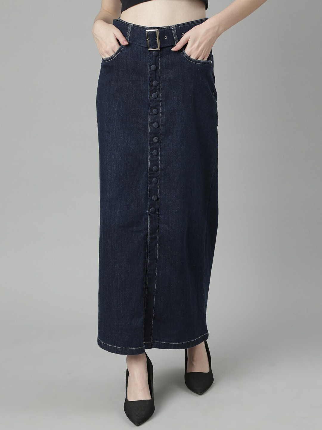 

SHOWOFF Front-Slit Denim Belted A-Line Skirt, Navy blue