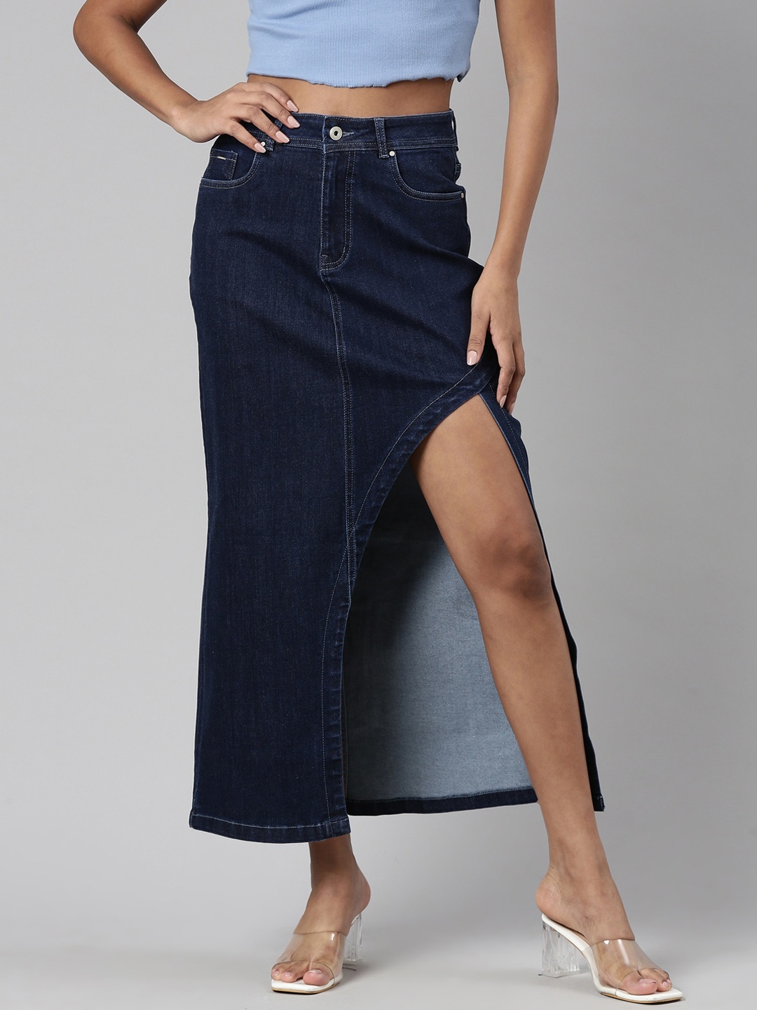 

SHOWOFF Front-Slit Denim A-Line Skirt, Navy blue