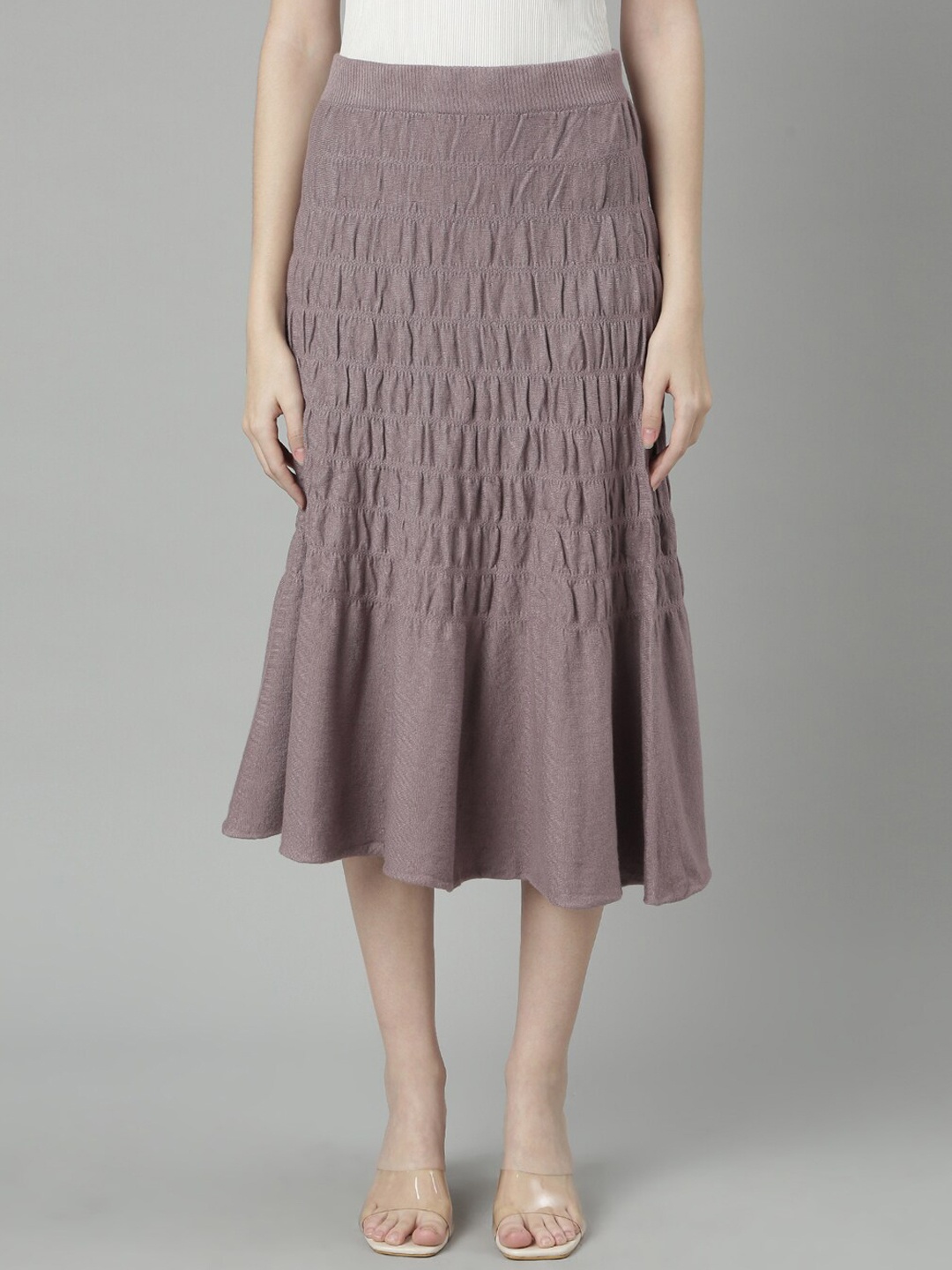 

SHOWOFF Smocked Flared Midi Skirt, Taupe