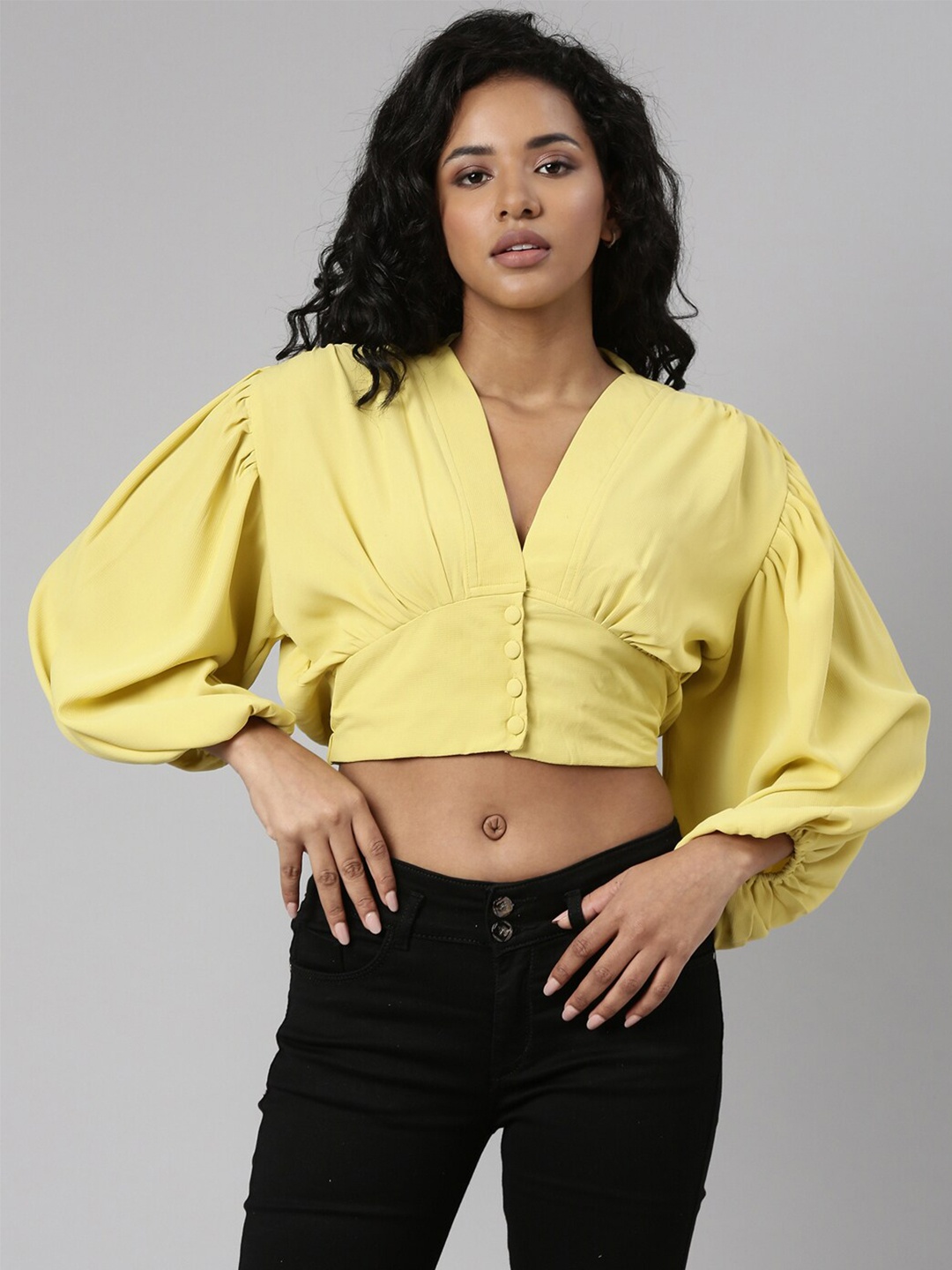 

SHOWOFF V-Neck Puff Sleeve Acrylic Shirt Style Crop Top, Yellow