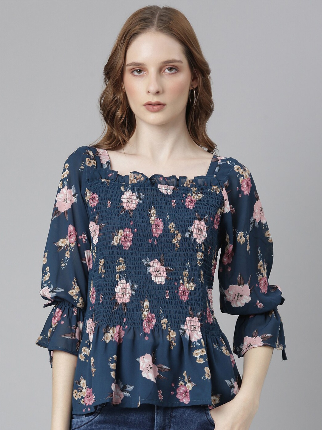 

SHOWOFF Floral Printed Puff Sleeve Smocked Acrylic Peplum Top, Teal