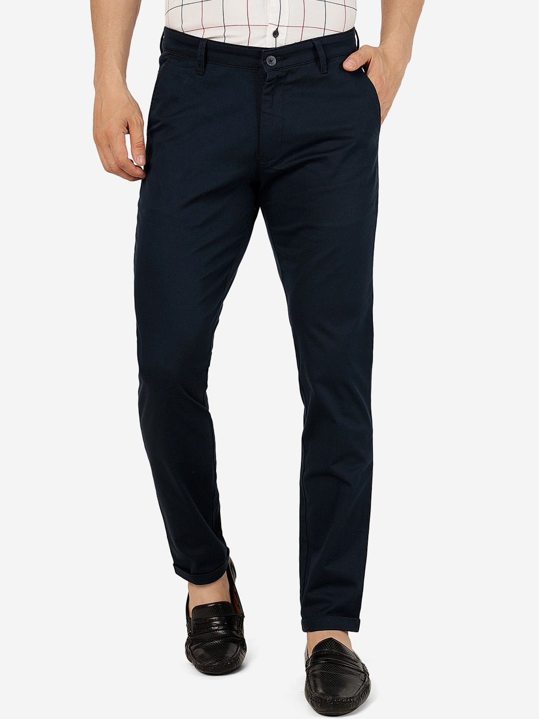 

Greenfibre Men Mid-Rise Slim Fit Pure Cotton Formal Trousers, Navy blue