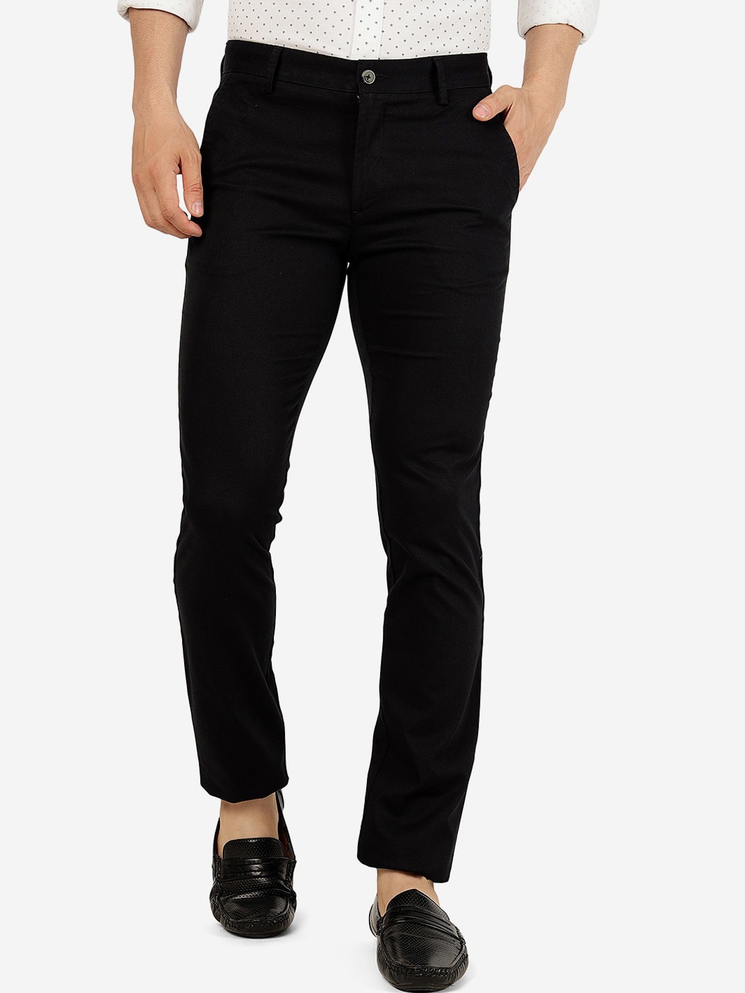 

Greenfibre Men Mid Rise Super Slim Fit Plain Pure Cotton Regular Trousers, Black