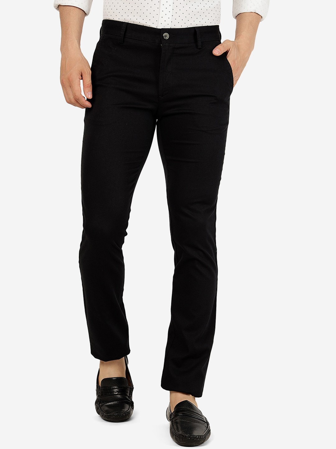 

Greenfibre Men Mid Rise Super Slim Fit Plain Pure Cotton Regular Trousers, Black
