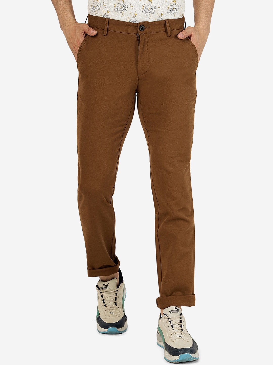 

JADE BLUE Men Slim Fit Pure Cotton Trousers, Brown