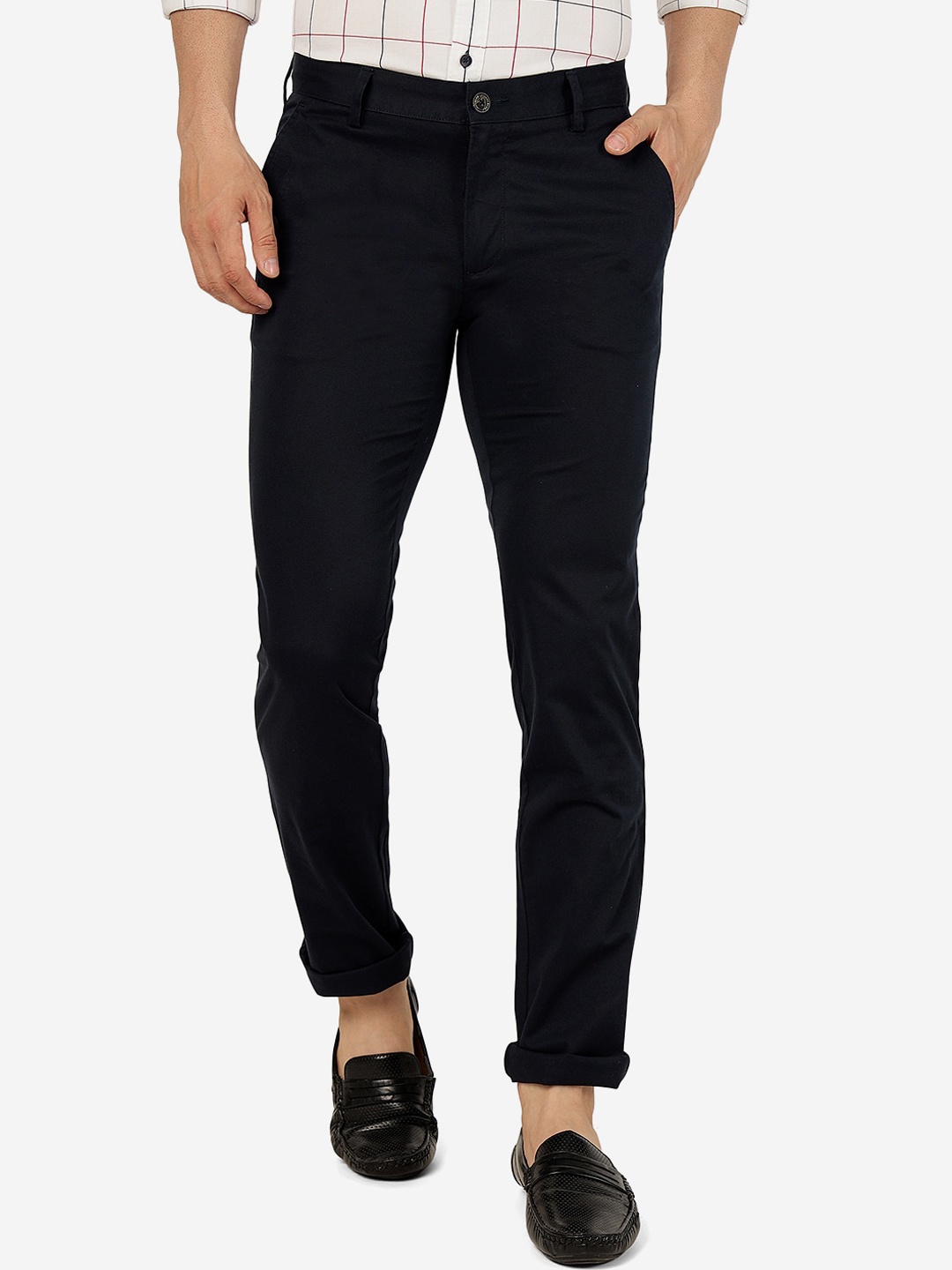 

JADE BLUE Men Slim Fit Pure Cotton Trousers, Navy blue
