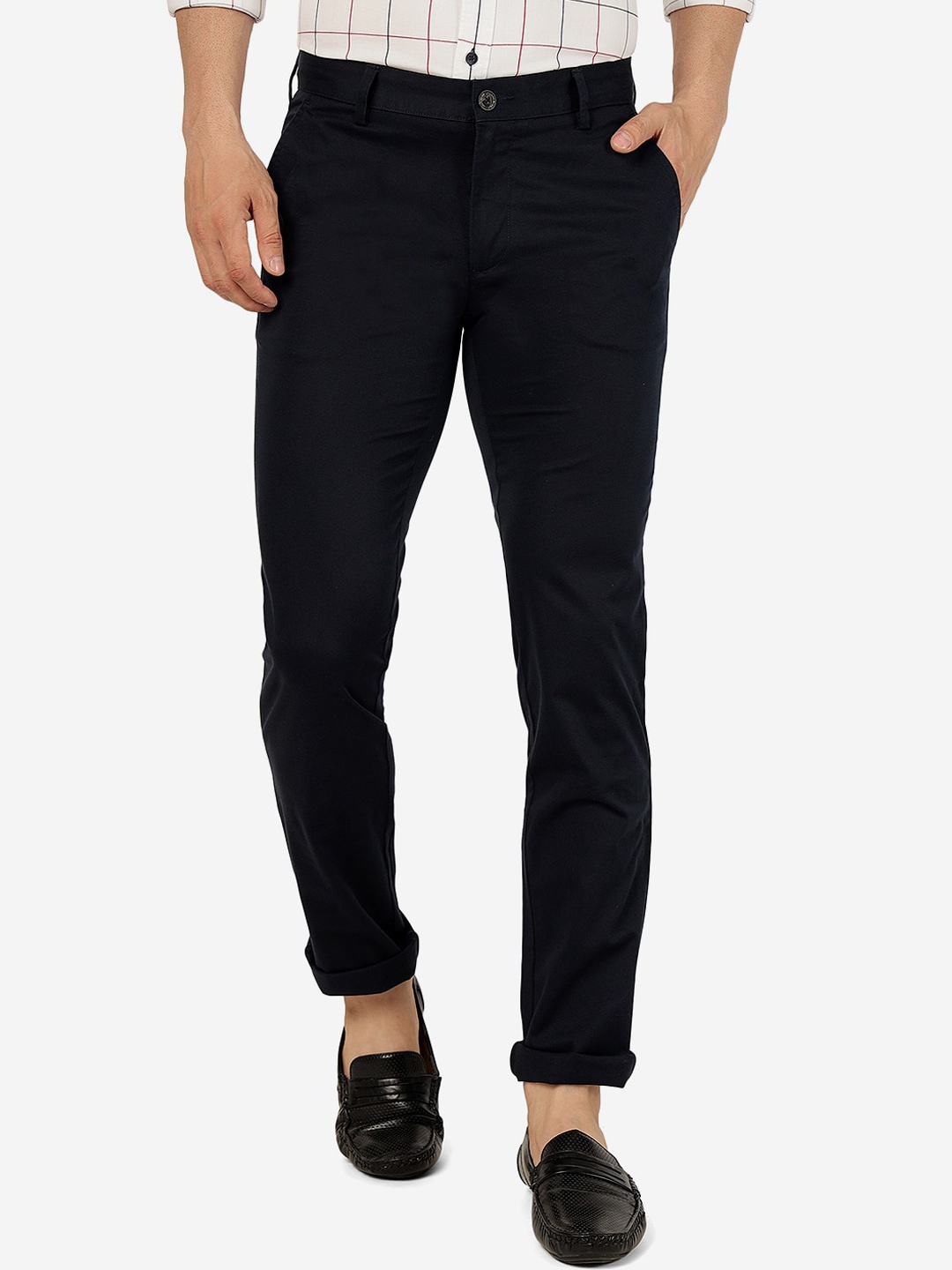 

JADE BLUE Men Slim Fit Pure Cotton Trousers, Navy blue