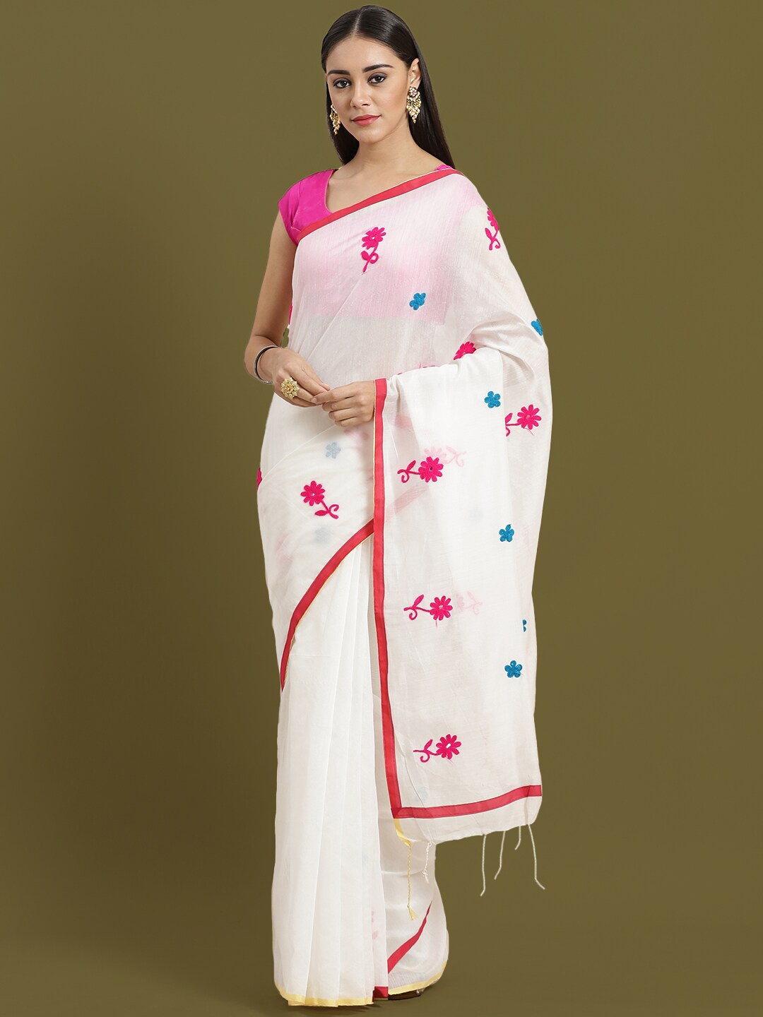 

HOUSE OF ARLI Floral Embroidered Saree, White