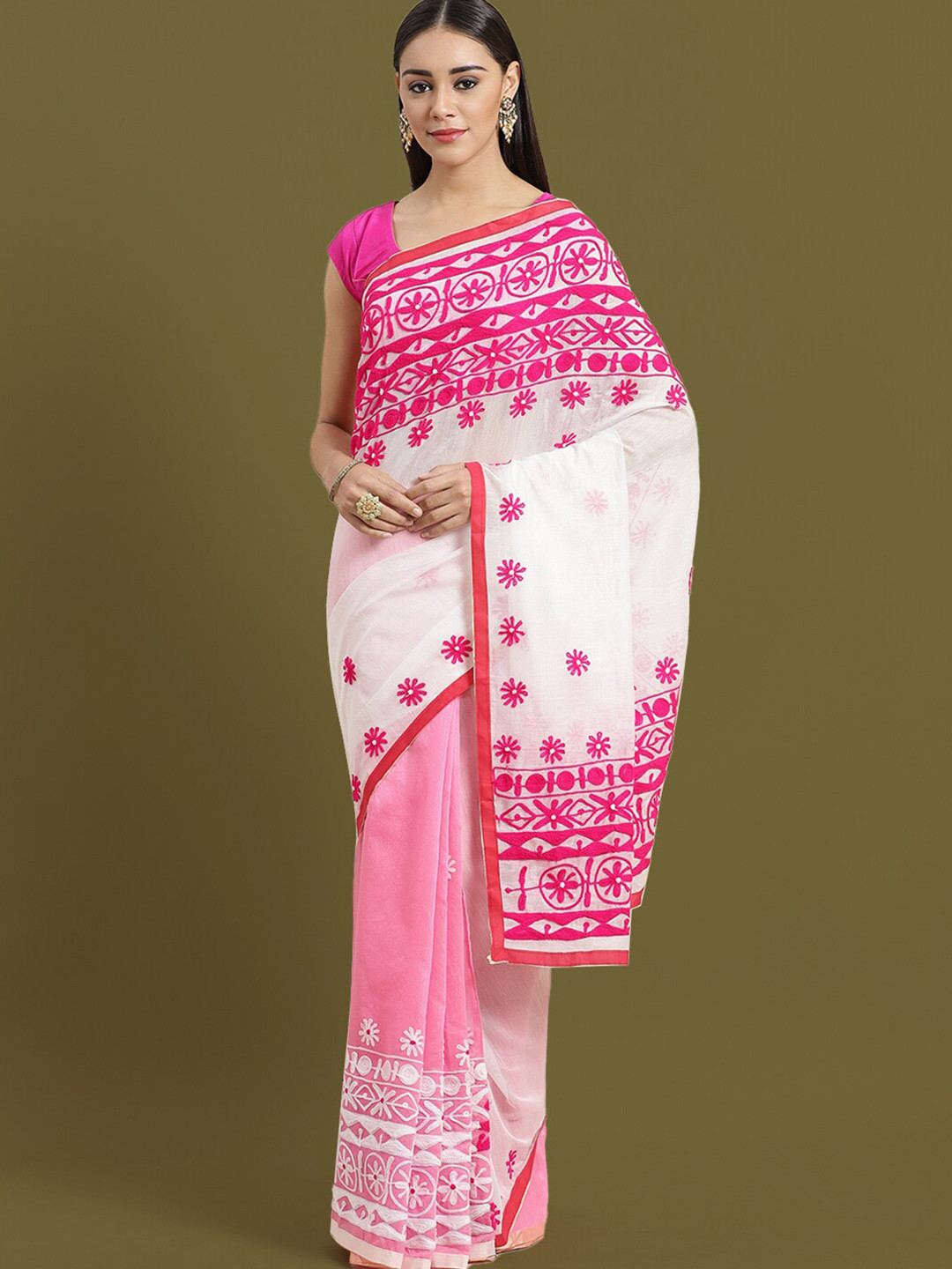 

HOUSE OF ARLI Floral Embroidered Saree, White