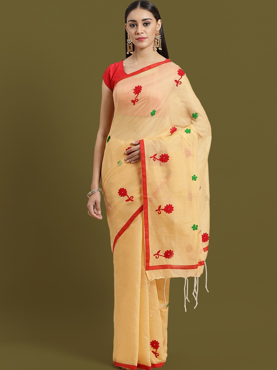 

HOUSE OF ARLI Floral Embroidered Saree, Beige
