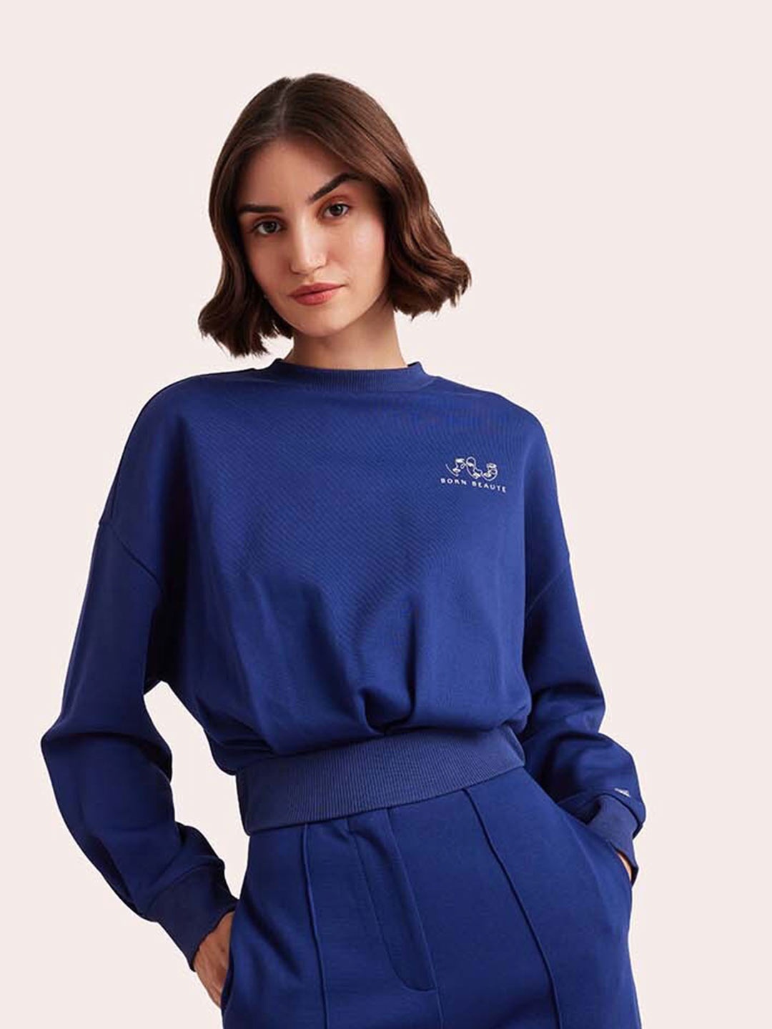 

Muvazo Round Neck Cotton Crop Pullover Sweatshirt, Blue