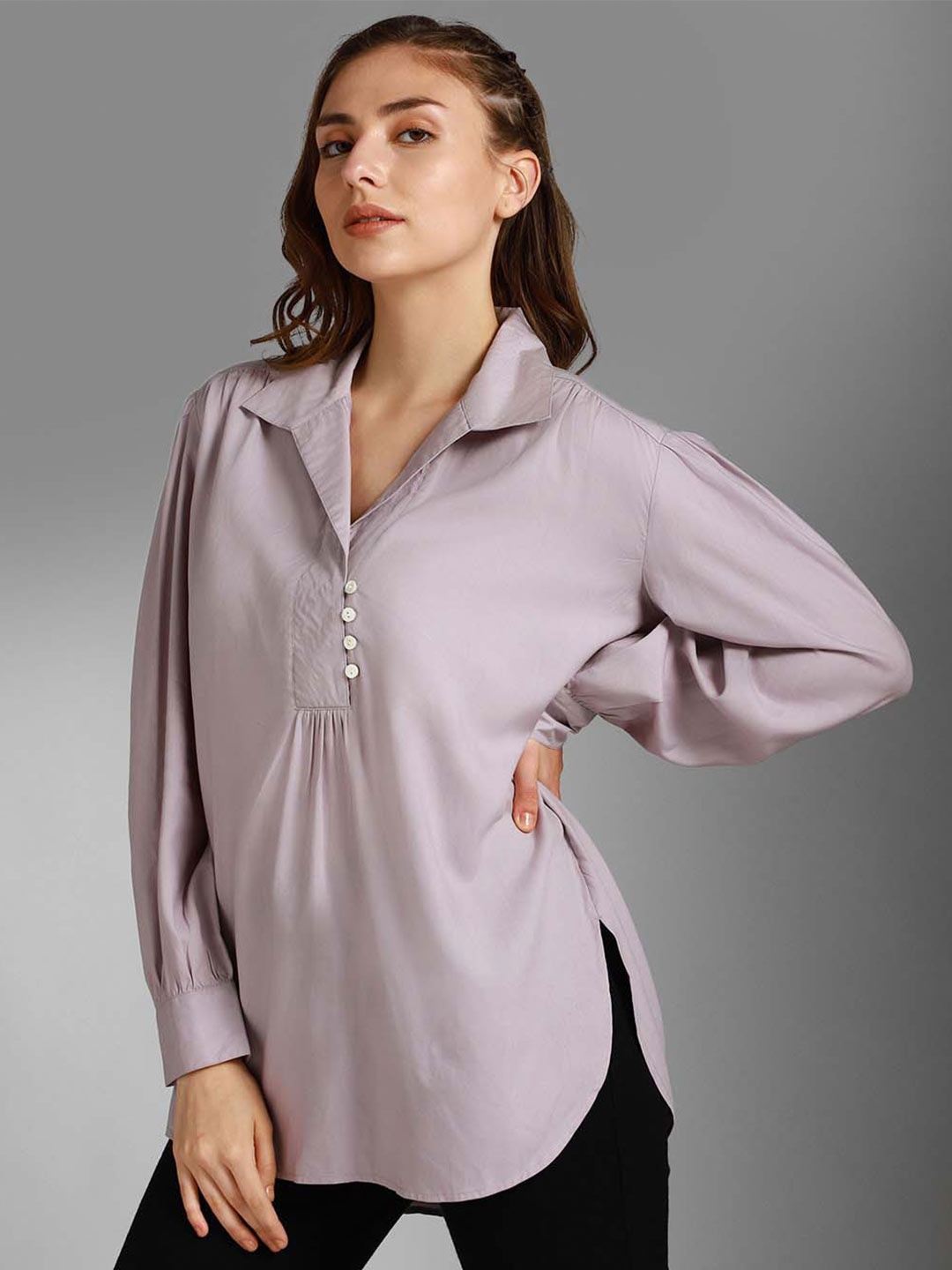 

High Star Shirt Collar Cuffed Sleeves Cotton Longline Shirt Style Top, Purple