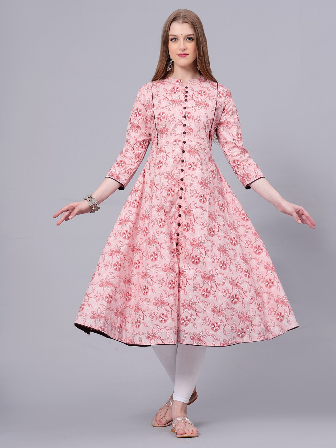 

KALINI Floral Printed Mandarin Collar A-line Kurta, Pink
