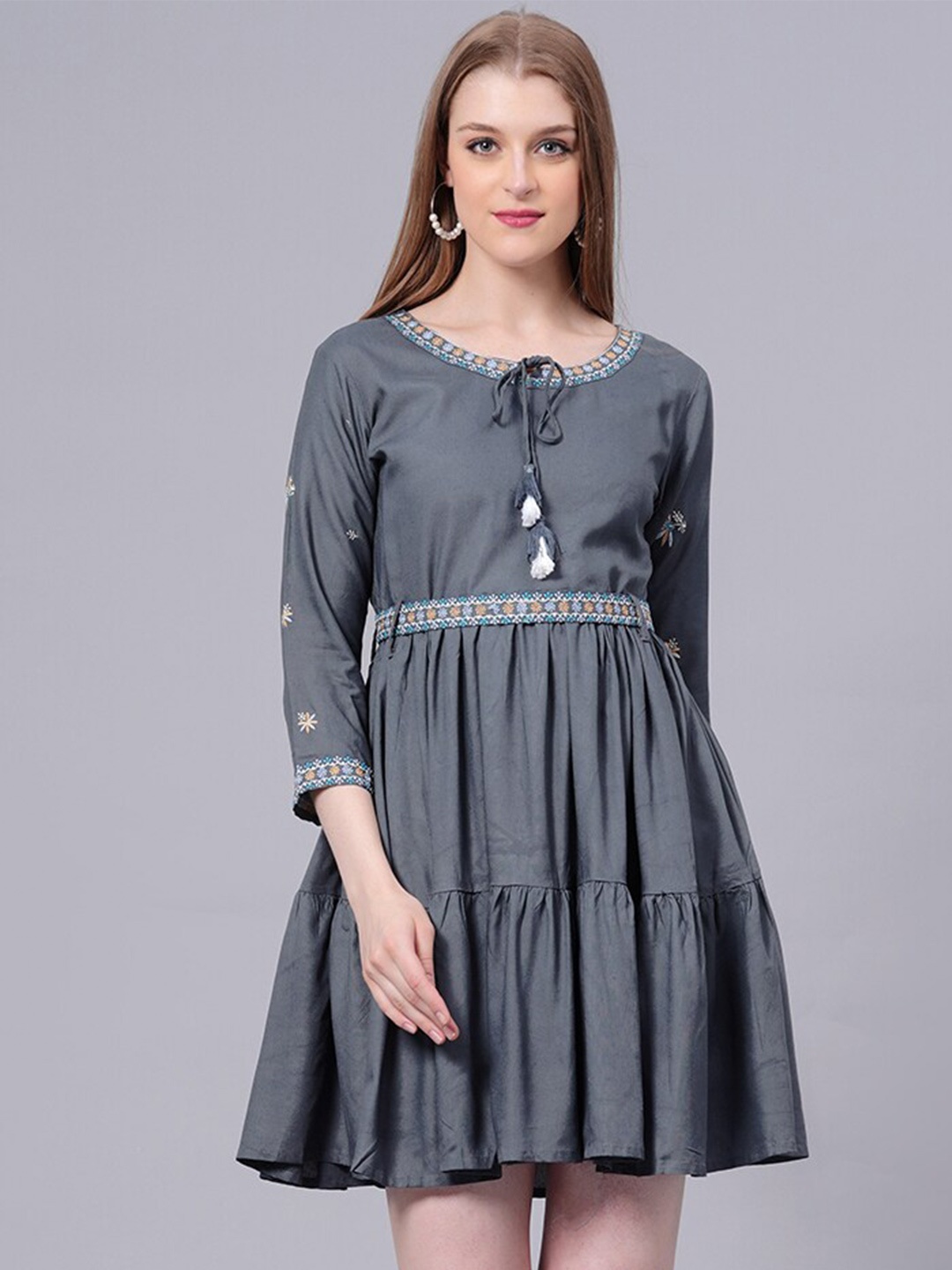 

KALINI Embroidered Tie Up Neck Tiered Fit & Flare Mini Dress With A Belt, Grey