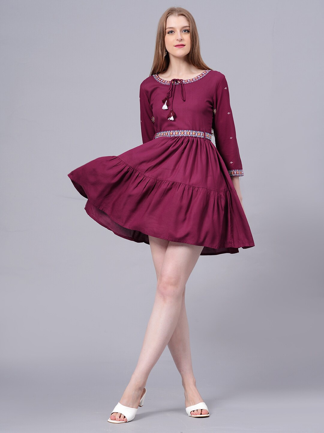

KALINI Embroidered Tie Up Neck Tiered Fit & Flare Mini Dress With A Belt, Maroon