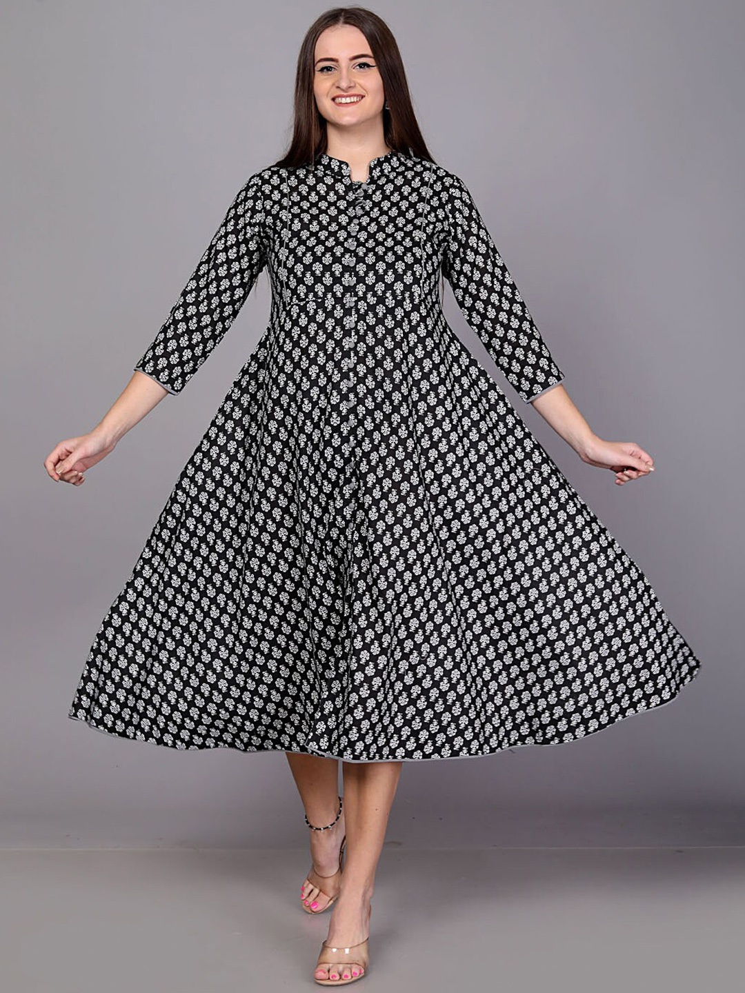 

KALINI Floral Printed Mandarin Collar Fit & Flare Midi Dress, Black