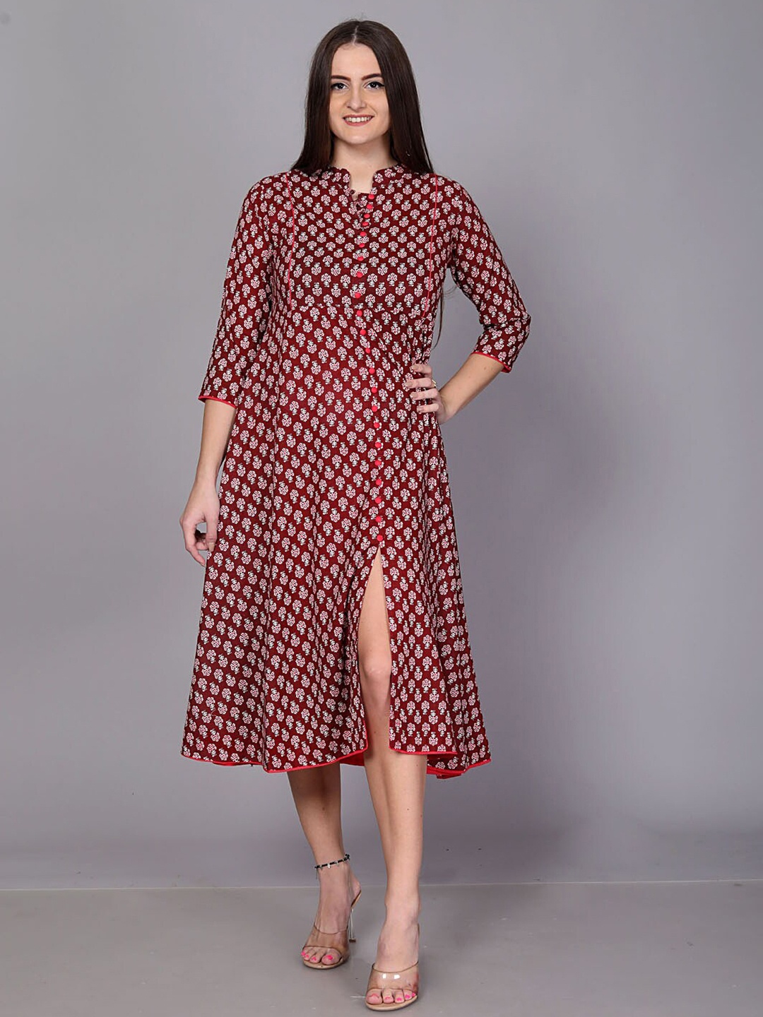 

KALINI Floral Printed Mandarin Collar Fit & Flare Midi Dress, Maroon