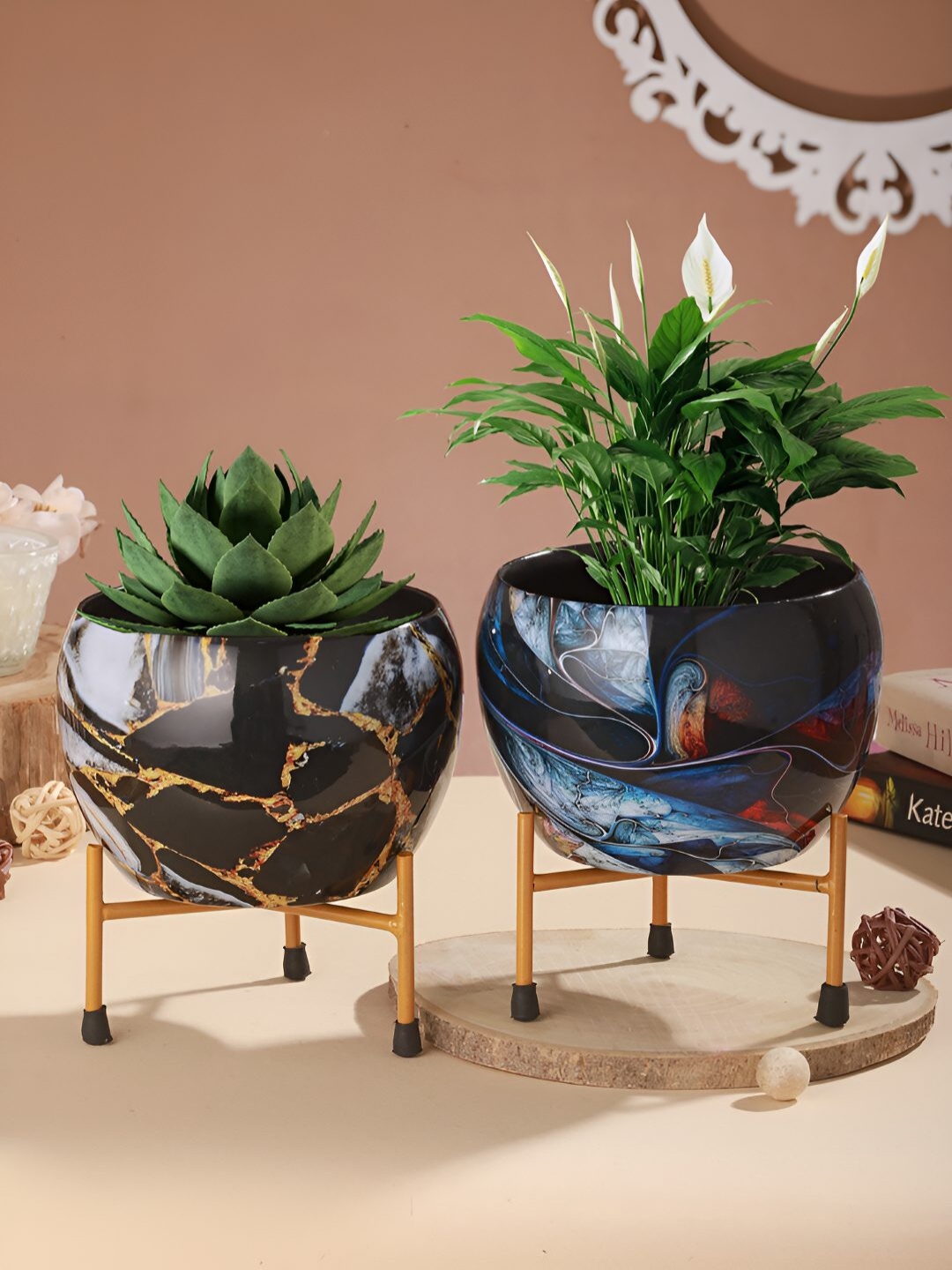 

Homspurts Black & Blue 2 Pieces Metal Planters with Stand